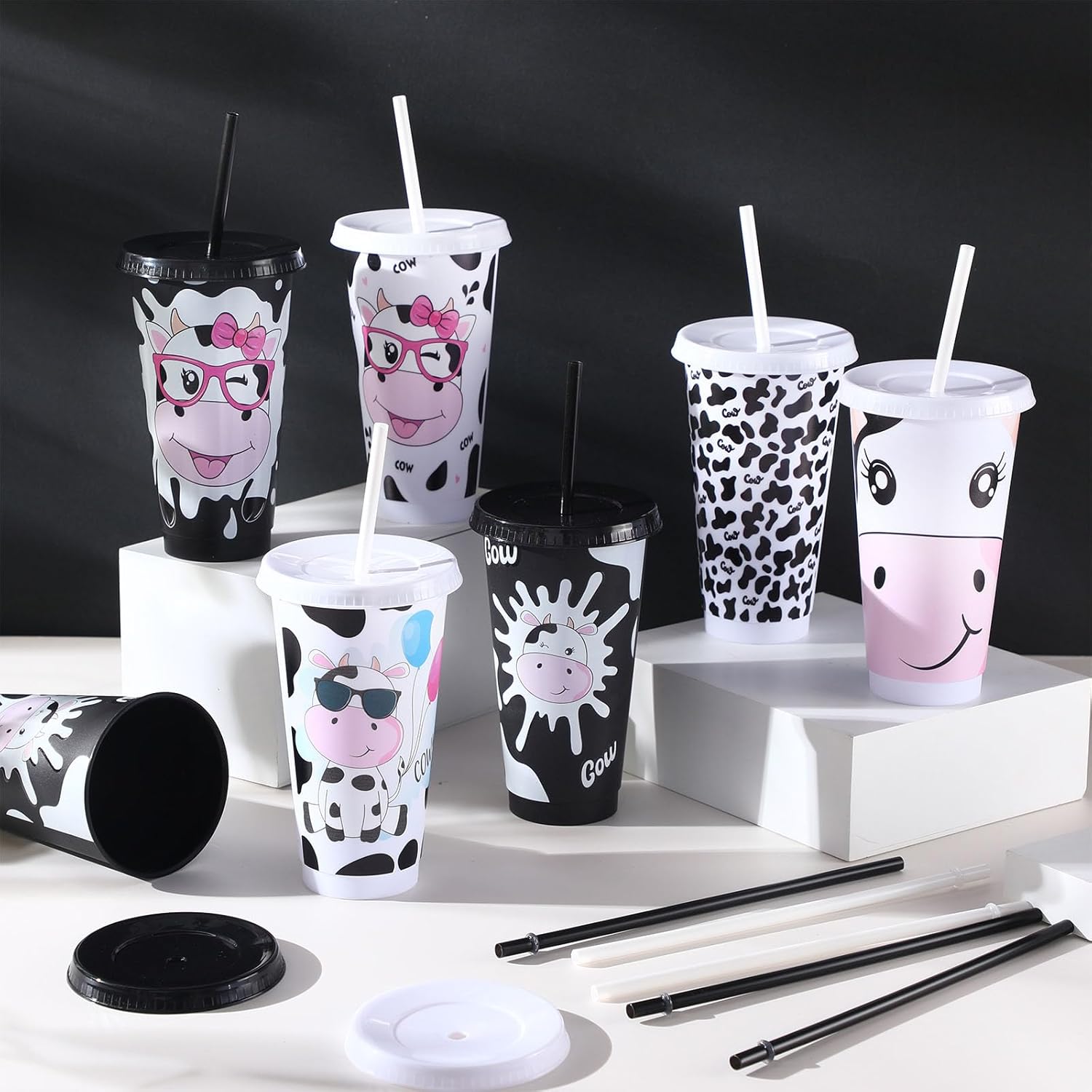 Sweetude 24 Pcs Cow Print Plastic Cups with Lid and Straw 24 oz Reusable Cow Print Cups Party Favor Gifts for Women Farm Animal Decorations - Image 5