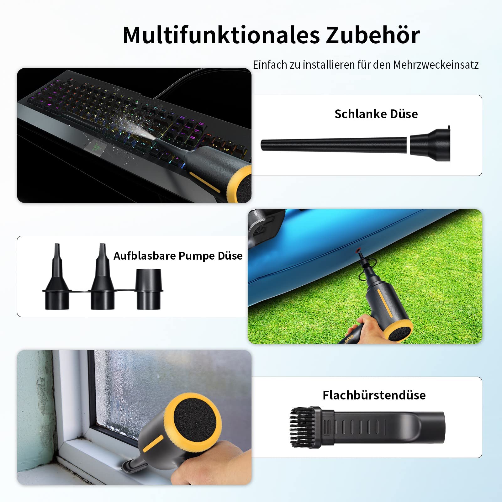 Eave Soffiatore Aria Compressa Set - 2 Velocità 500w Air Duster con Cavo da 3m e 3 Ugello di Soffiaggio, Pulitore Potente Aria Compressa Elettrico per PC, Alternativa alle Bomboletta Aria Compressa