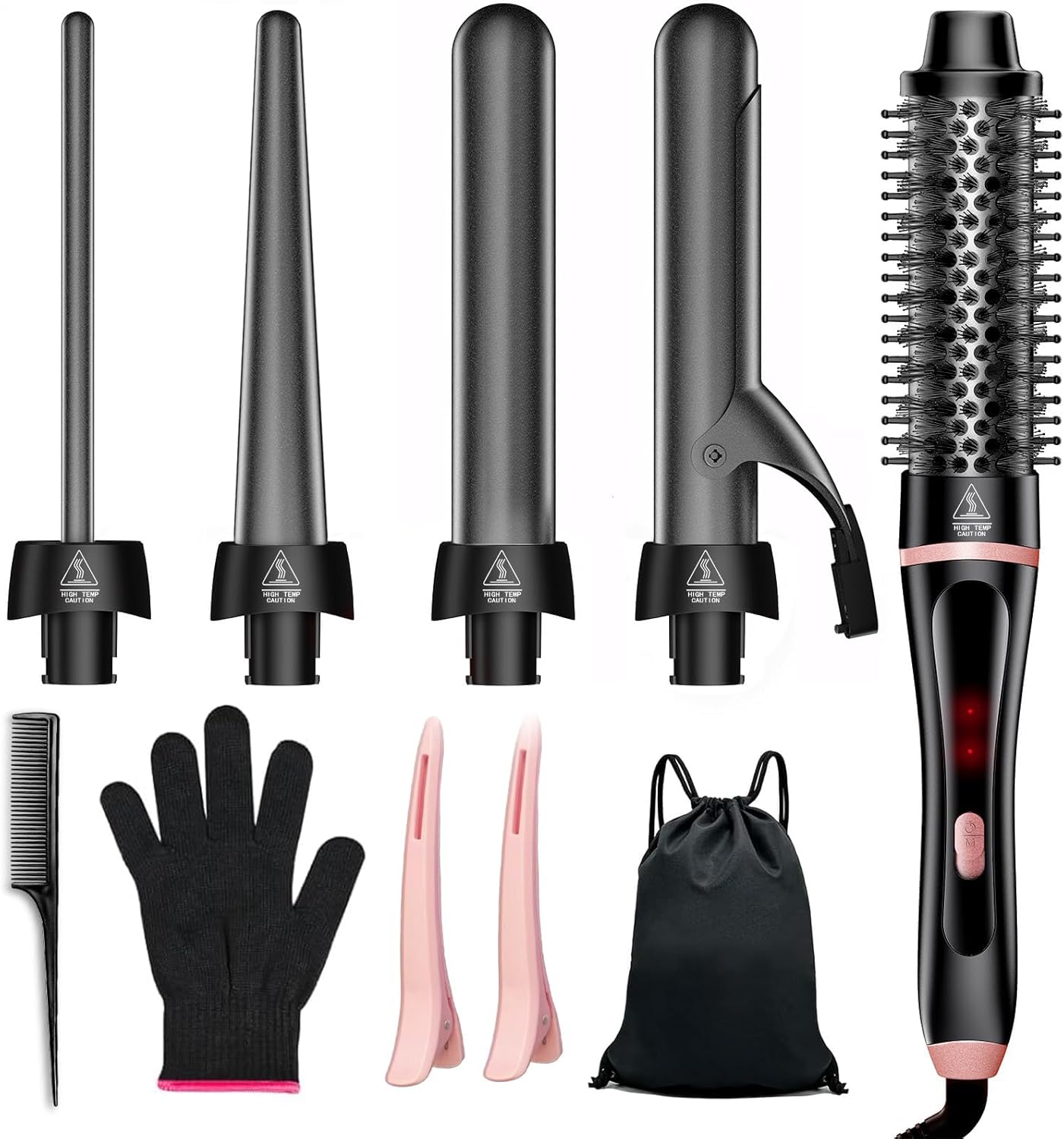 5 in 1 Curling Iron, Fast Heat Up Thermal Brush Set with 4 Interchangeable Ceramic Barrels (0.35”-1.25”) Dual Voltage Travel Tools Birthday Gift for Women - Hair Curler Wand Kit for Curls & Blowout