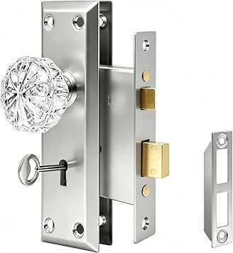 Mortise Lock Set for Interior Door with Skeleton Key, Glass Door Knobs with Lock, Antique Vintage Door Knobs Replacement Hardware Brushed Nickel Finish