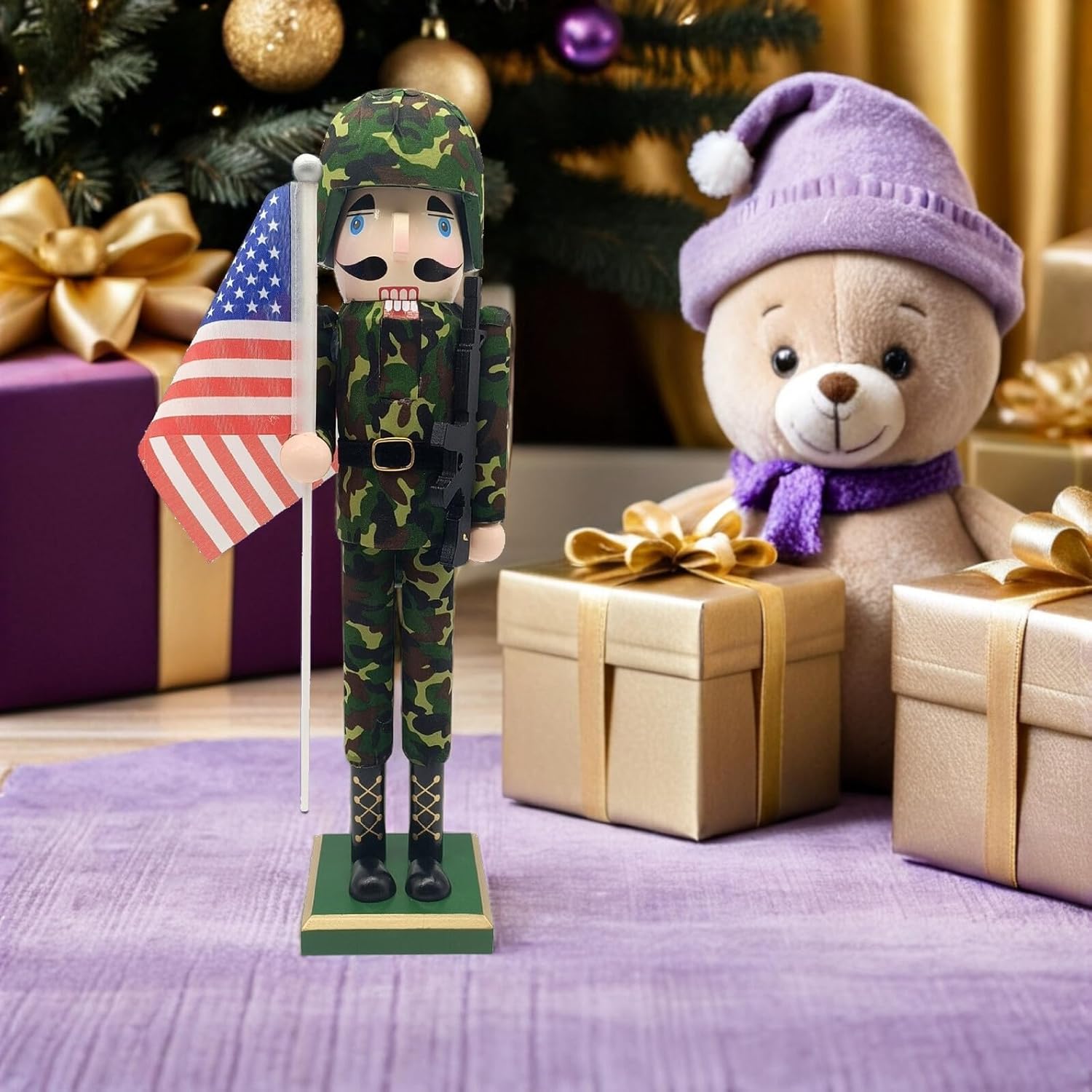 Amosfun Christmas Nutcracker Soldier Decoration, Wooden American Flag Nutcracker Figure, Festive Desktop Ornament for Holiday Tabletop and Home Décor