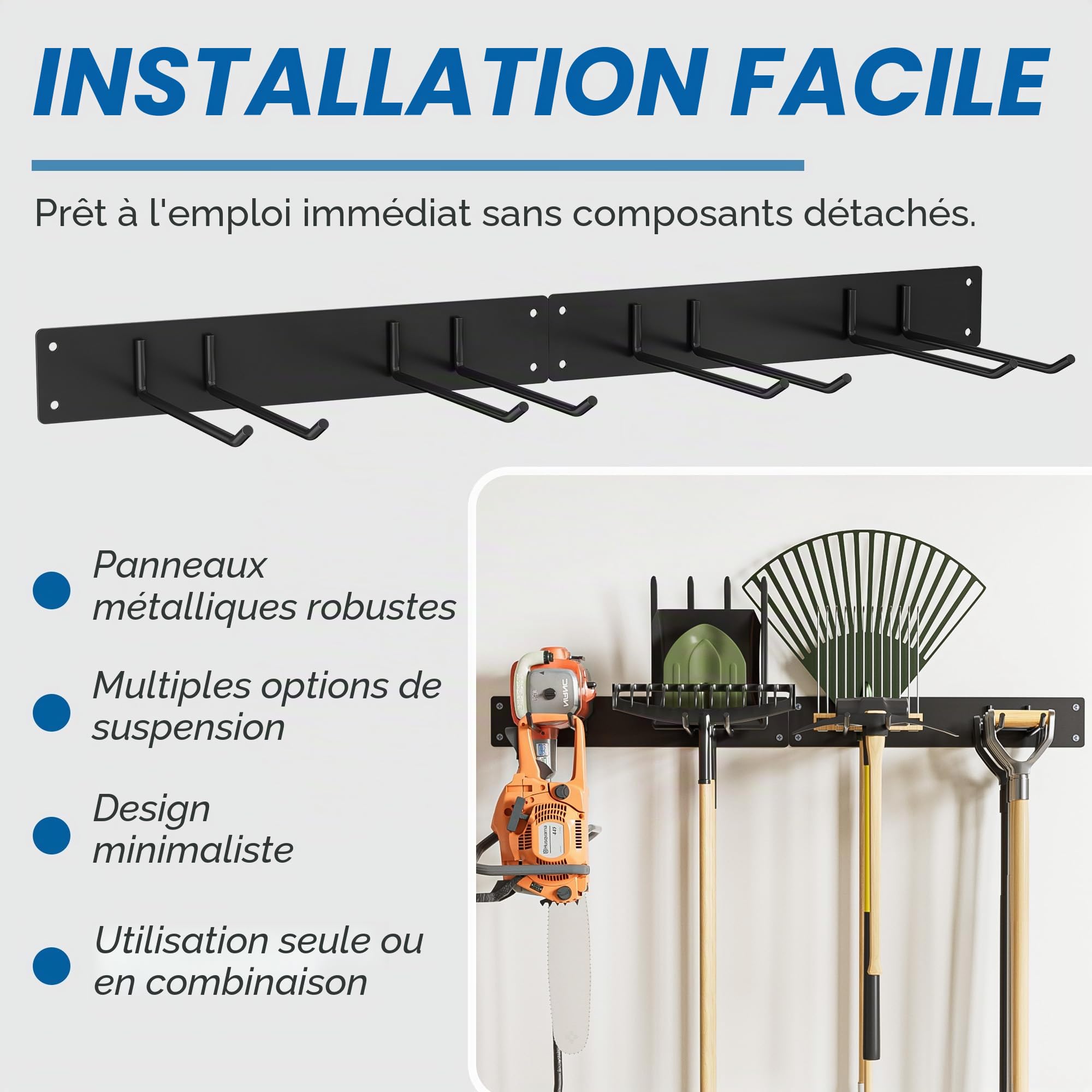 Urban Deco Support mural en métal pour Outillage de Jardin, capacité de charge de 150 kg, avec 4 crochets doubles et 2 panneaux, pour outils de jardin dans le garage, le jardin, la cave, noir