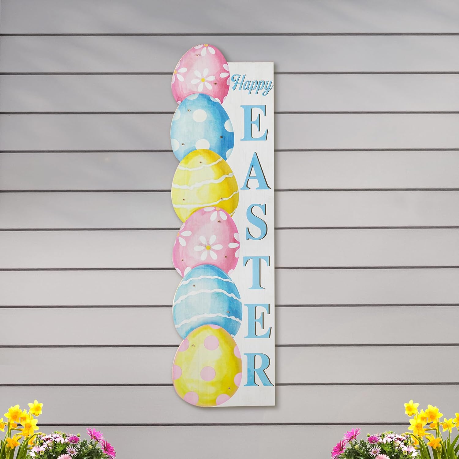 Glitzhome 42" Lighted Wooden Easter Porch Sign with Timer, Stacked Eggs Vertical Welcome Sign for Front Door Indoor Outdoor Spring Easter Party Decor