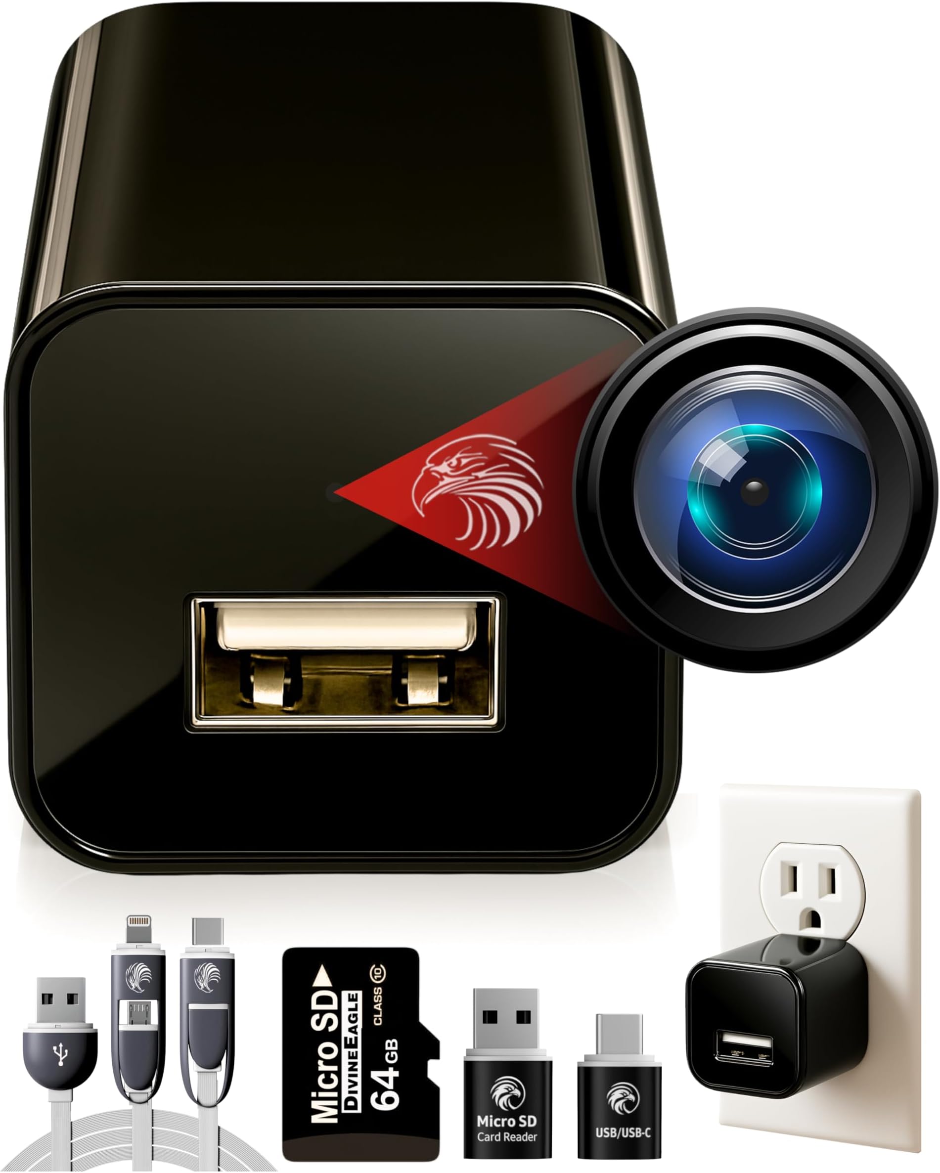 DIVINEEAGLE 1080p Dome Cam, Motion Detection, microSD Slot, Easy Setup, App-Free, No Live View-Data Protected, Video-Only - Plug-in Premium Reliable Pet Camera for Pet Nanny Use, with 64GB Card