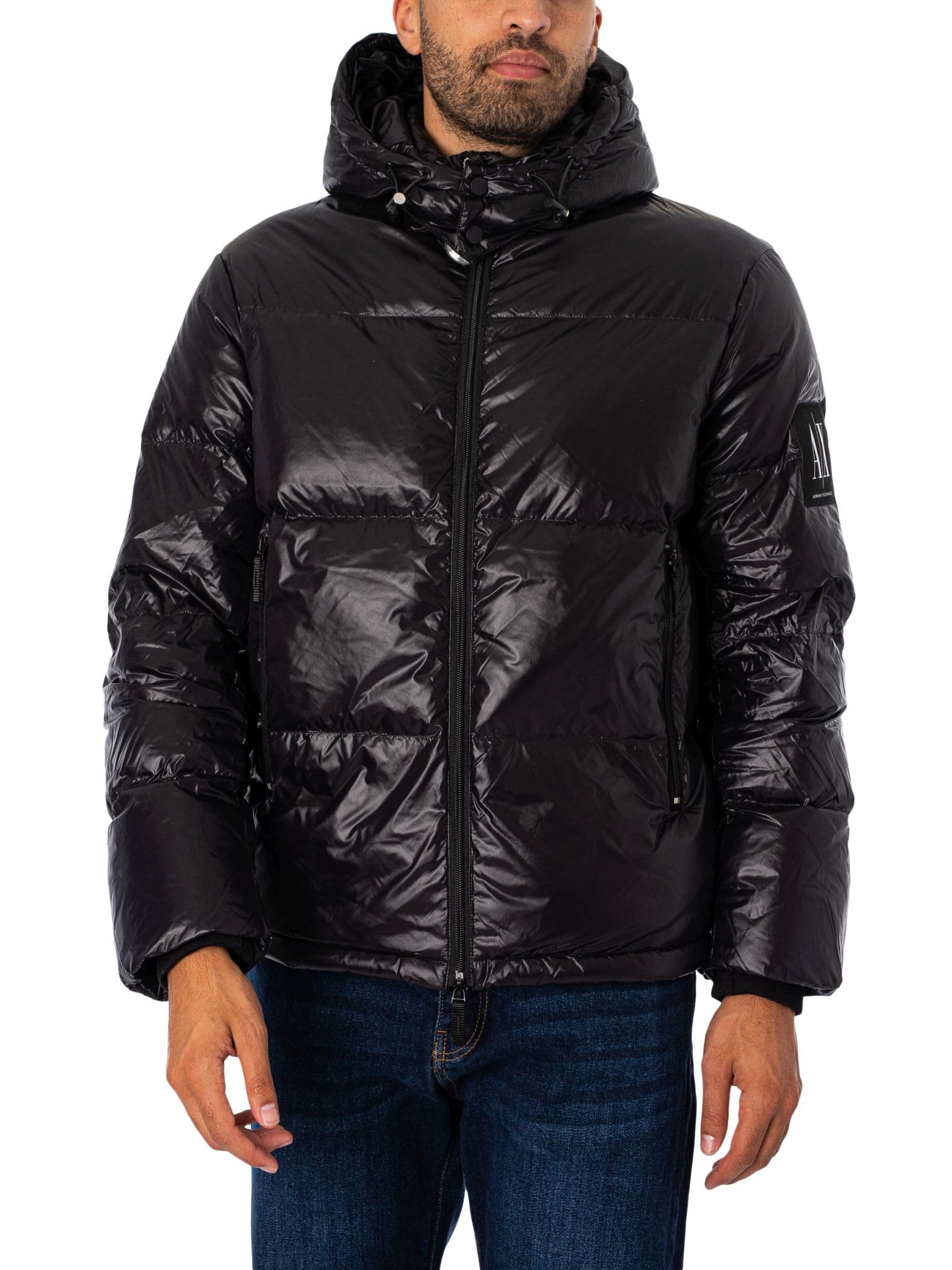 Armani Exchange Men's Black Ax Icon Hooded Puffer Jacket, Xxl