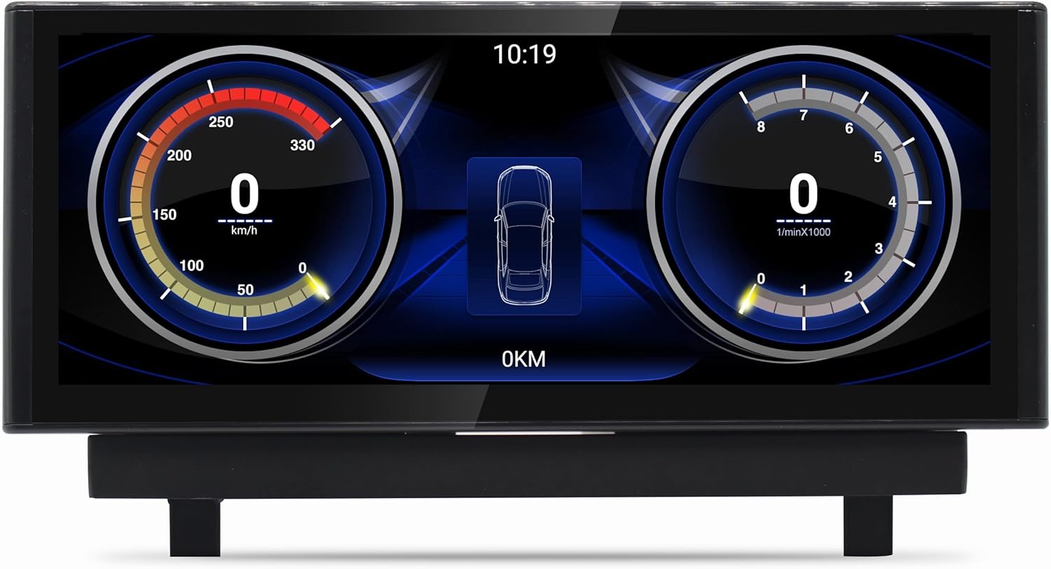 Screen displaying vehicle information with digital speedometer and RPM gauges.