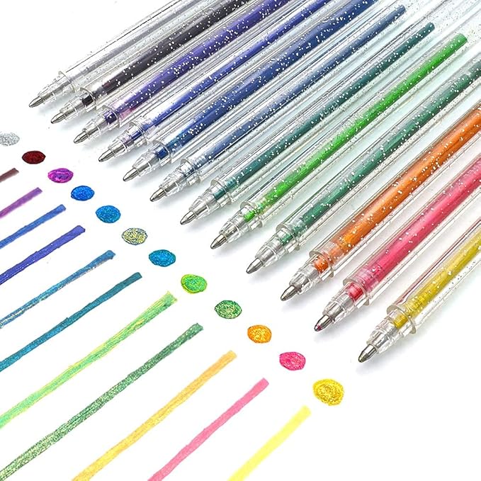 comprar material escolar - kit de bolígrafos bonitos y marcadores estuche - GEooUooIP Bolígrafos de tinta de gel con purpurina, 12 colores, secado rápido, para libros, bocetos y manualidades