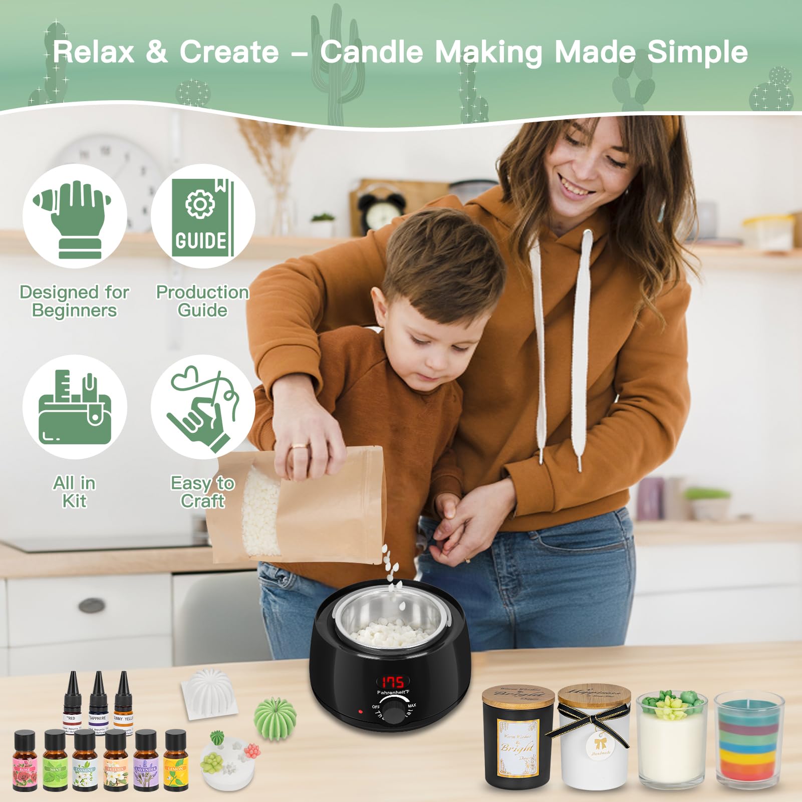 ZEROMX Kit per la creazione di candele per adulti e principianti, tutto in uno per candele fai da te, con cera di soia naturale da 1200 g, piatto caldo, 2 stampi per piante grasse, 8 barattoli e