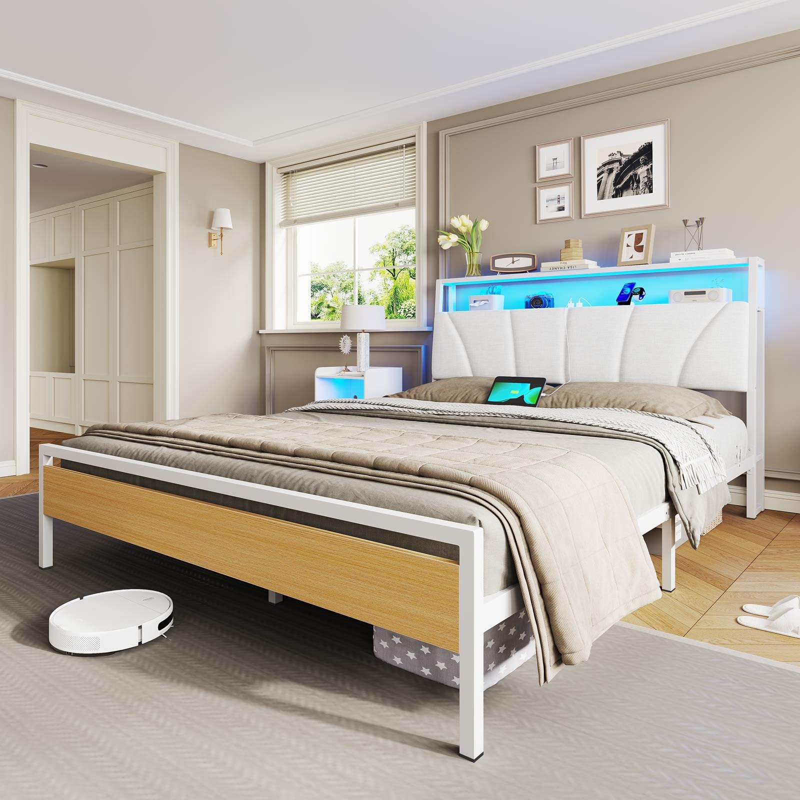 Brinlawb Bett 140x200 mit Lattenrost aus Metall, Bettgestell 140x200cm mit LED Beleuchtung Metallbett 140x200 mit Kopfteil & Ladestation(2 AC-Steckdosen& 2 USB-Anschlüsse) Jugendbett Doppelbett, Weiß