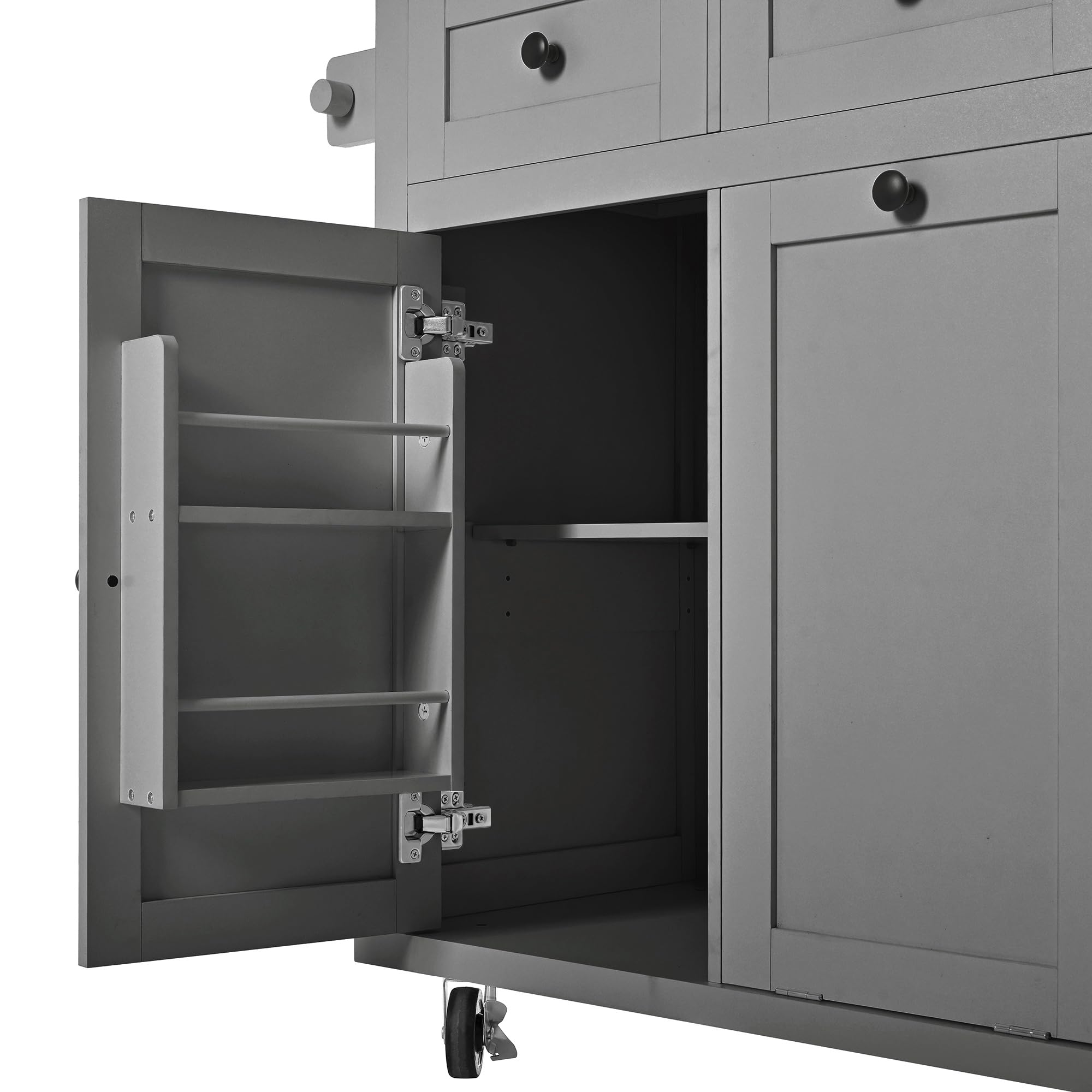 Kücheninsel mit Rollen, Ausziehbarer Essbereich mit Abfallbehälterfach und Schubladen, Mobile Ideal für Küche und Esszimmer (Grau)