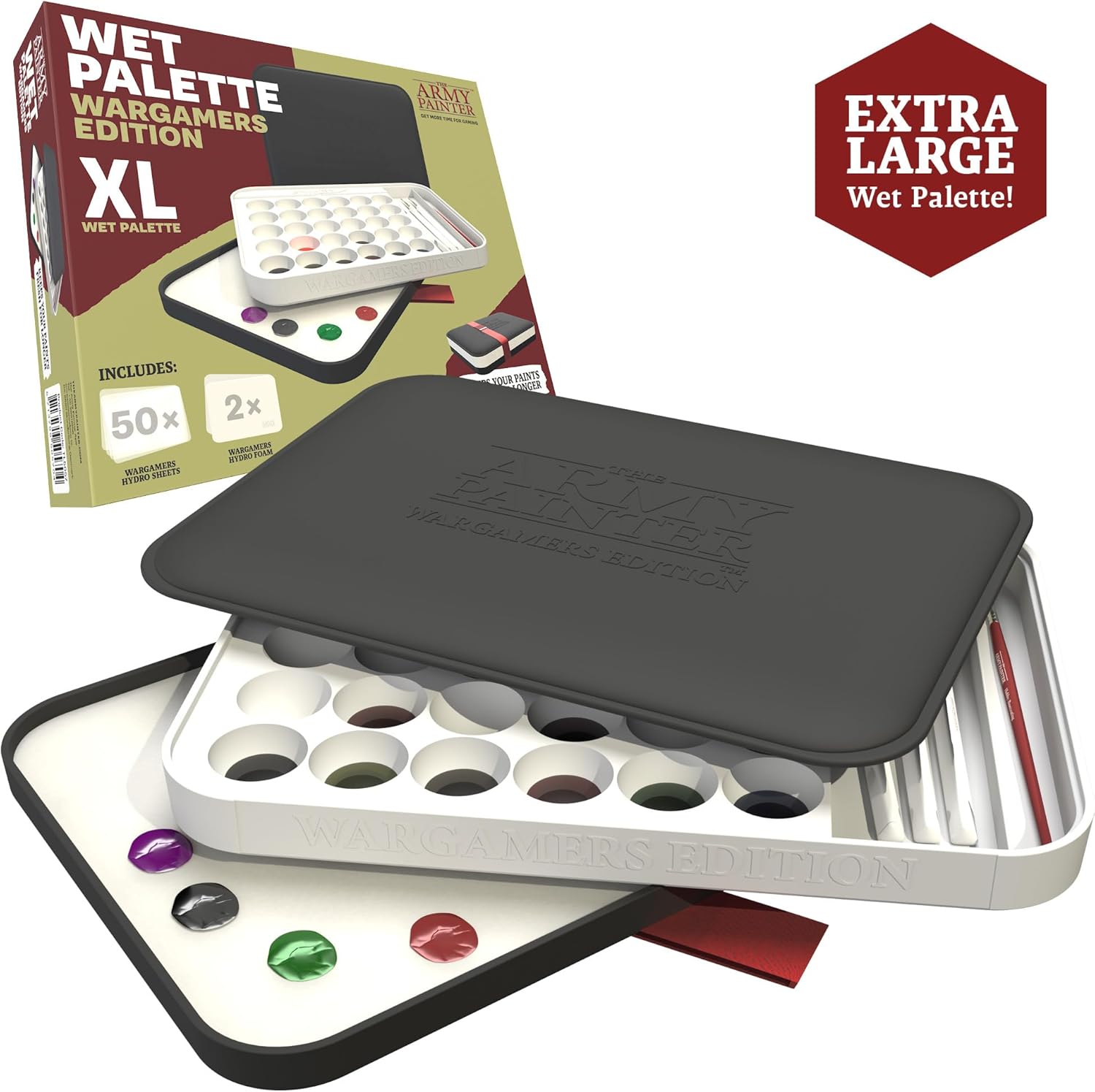 The Army Painter Wargamers Edition Wet Palette, XL Palette for Acrylic Paints Set Including 50 Hydro Sheets, 2 Hydro Foams and Free Painting Guide, for Miniature Painting
