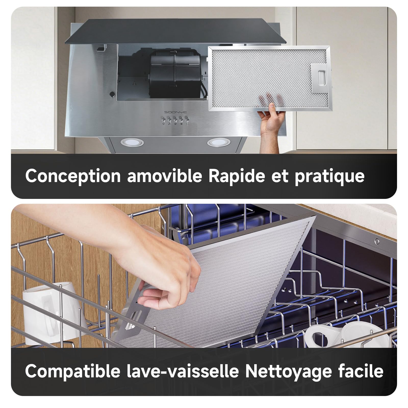 Hotte Aspirante Inclinée 60cm Classe A+++, Hotte Cuisine 370m³/h, Noir Verre Dépoli,Filtres à Charbon Inclus,Hotte Murale Evacuation ou Recyclage