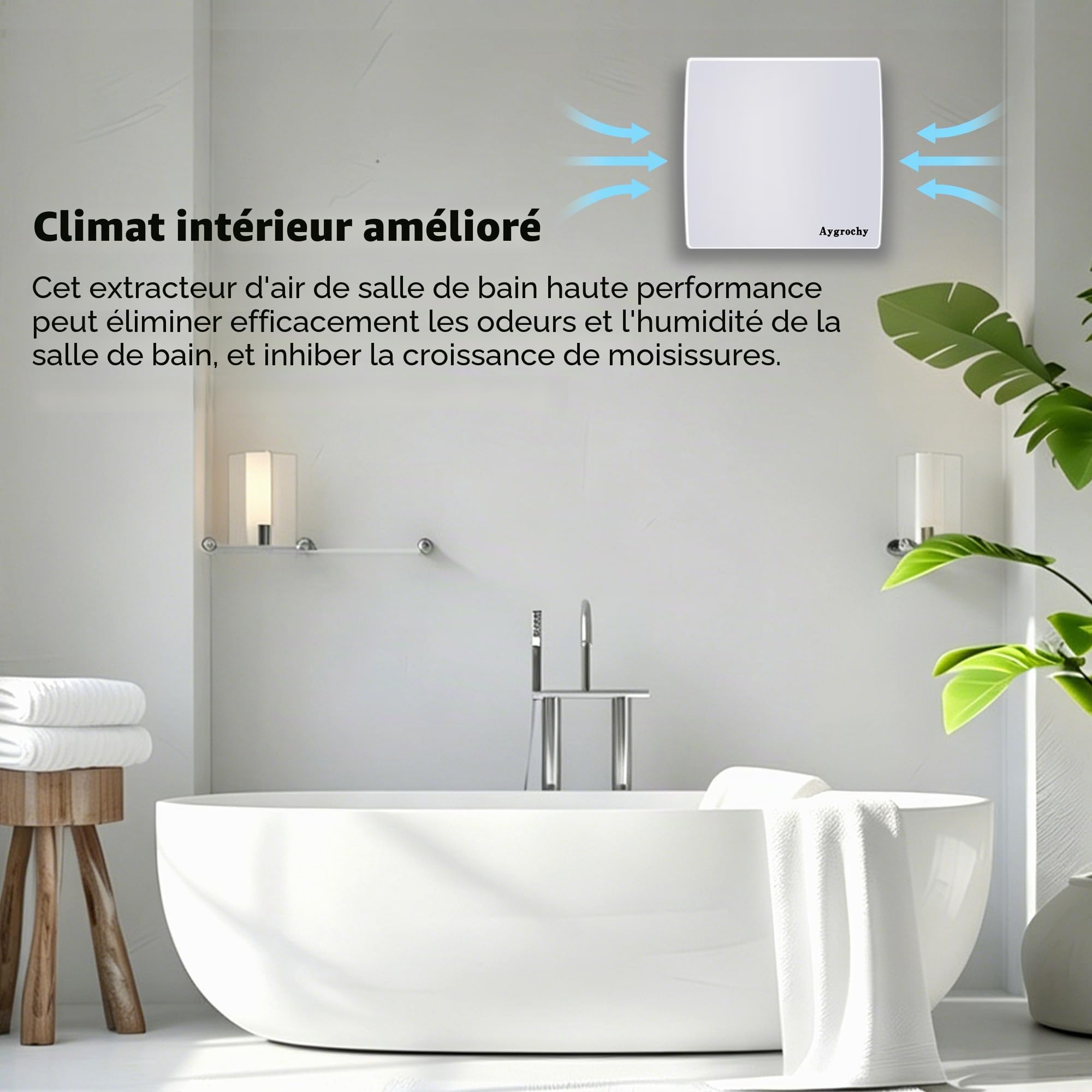 Aygrochy Ventilateur Extracteur d'Air 100mm Silencieux, VMC Salle de Bain avec Clapet Anti-Retour, Prise UE, Économe en Énergie, Pour Salle de Bain, Cuisine, Bureau, WC, Garage