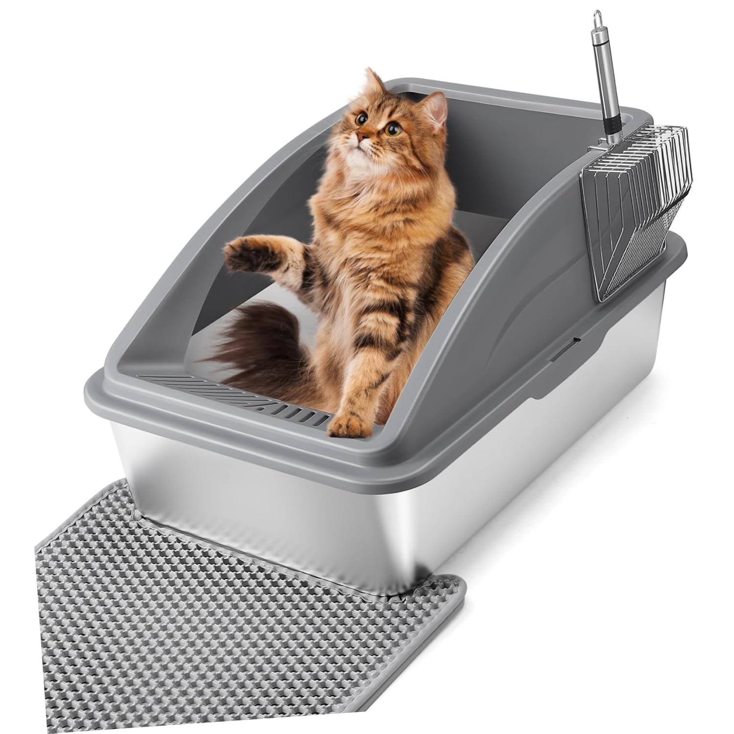 POPETPOP 1set High-Walled Cat Litter Box with Stainless Steel Pan Entry Design Spacious Indoor Toilet for Kittens Includes Scoop and Leak Mat