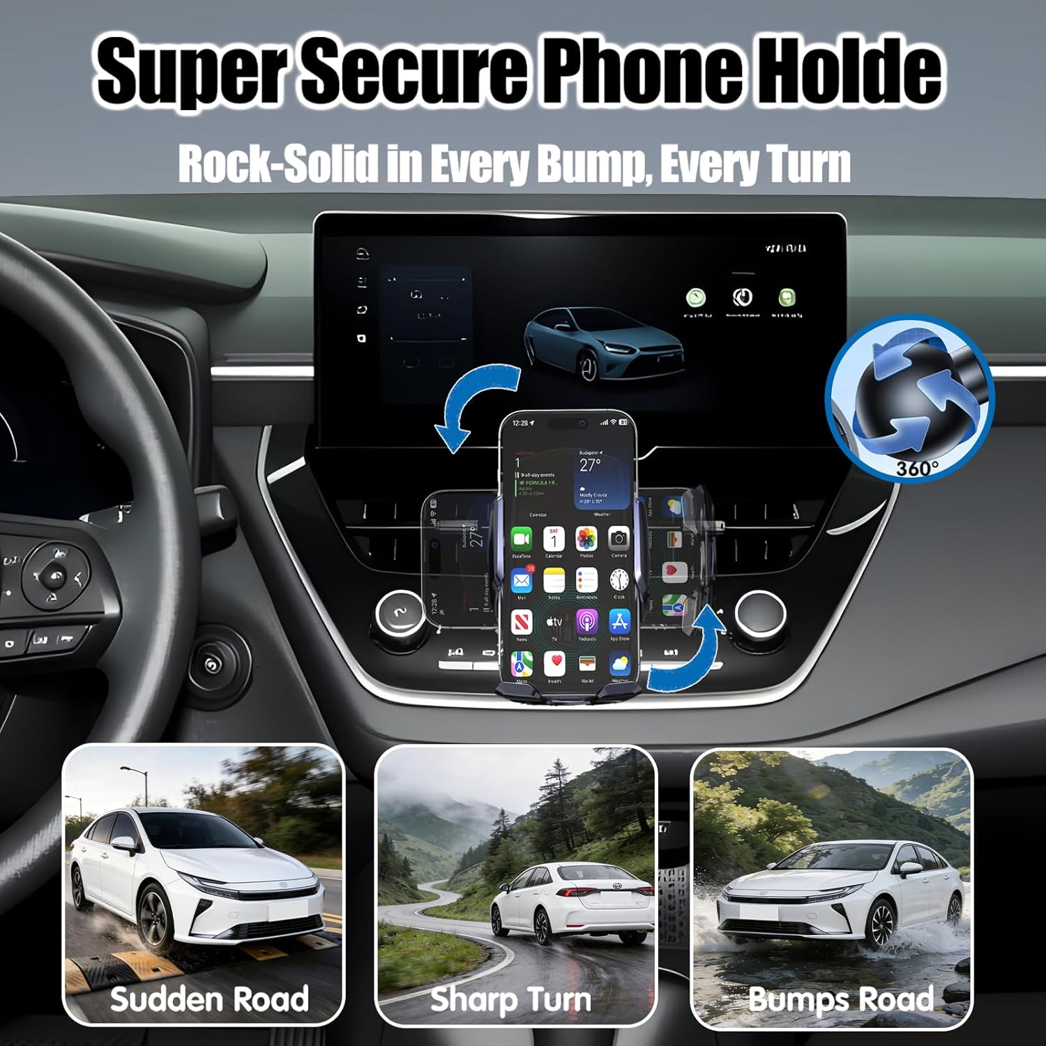 Car Phone Mount for Toyota Corolla 2019–2025, 15W Wireless Fast Charging Auto-Clamping Center Console Phone Holder, One-Hand Operation, Hands-Free, 360° Adjustable, Without Blocking Airflow