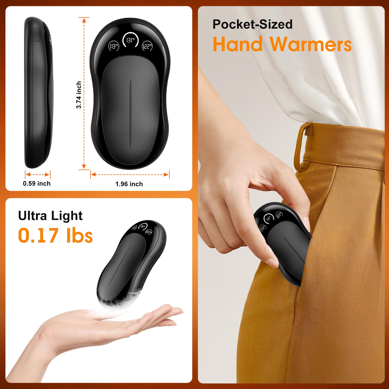 Hand Warmers Rechargeable 2 Pack, 6000mAh UL Certified Safe Electric Hand Warmers with 3-Temp Display, Ultra-Slim Portable Pocket Heater, Outdoor/Hunting Essentials, Gifts for Christmas Men & Women