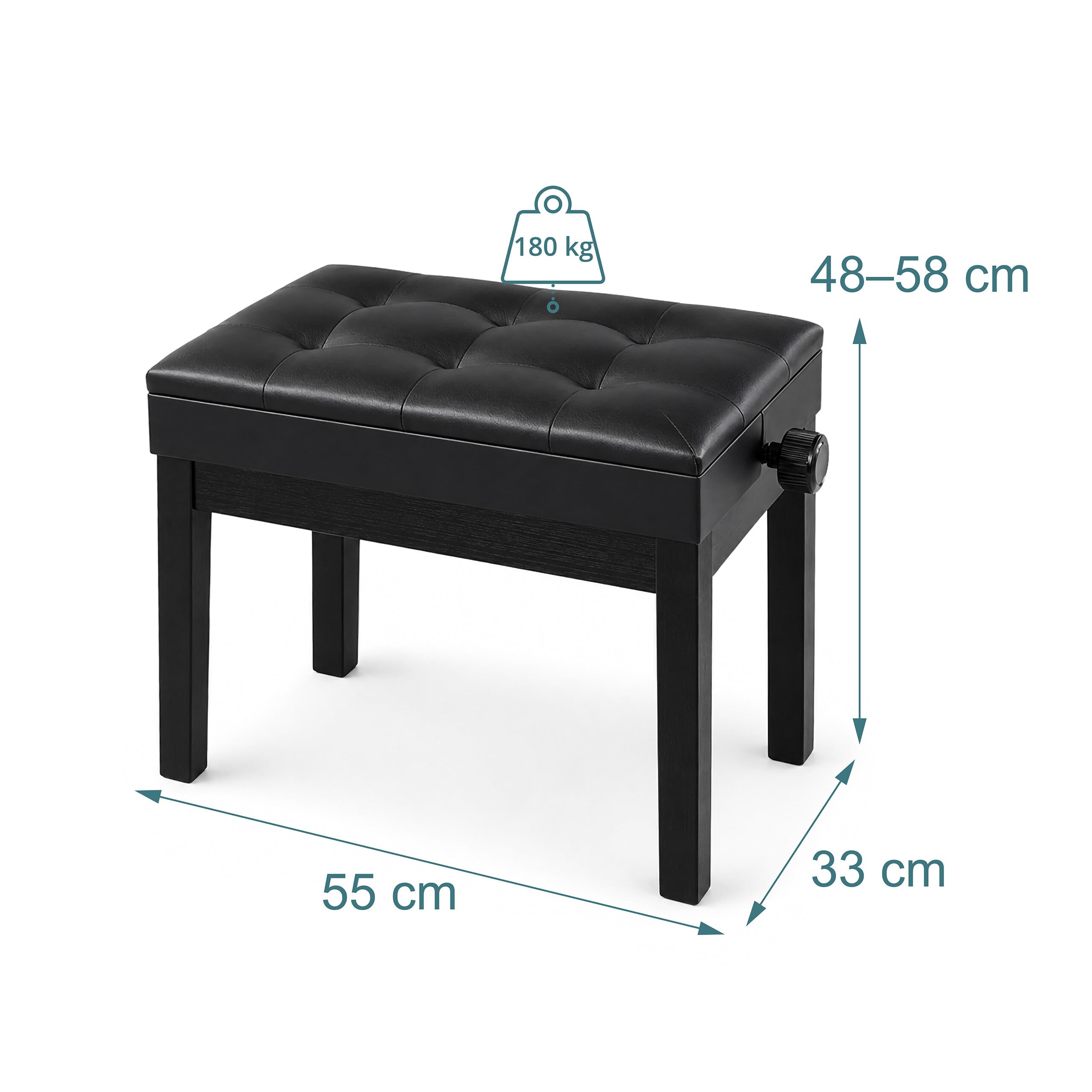 Banco de piano Relaxdays, regulable en altura, 48–58 x 55 x 33 cm, con almacenaje, madera, polipiel, negro
