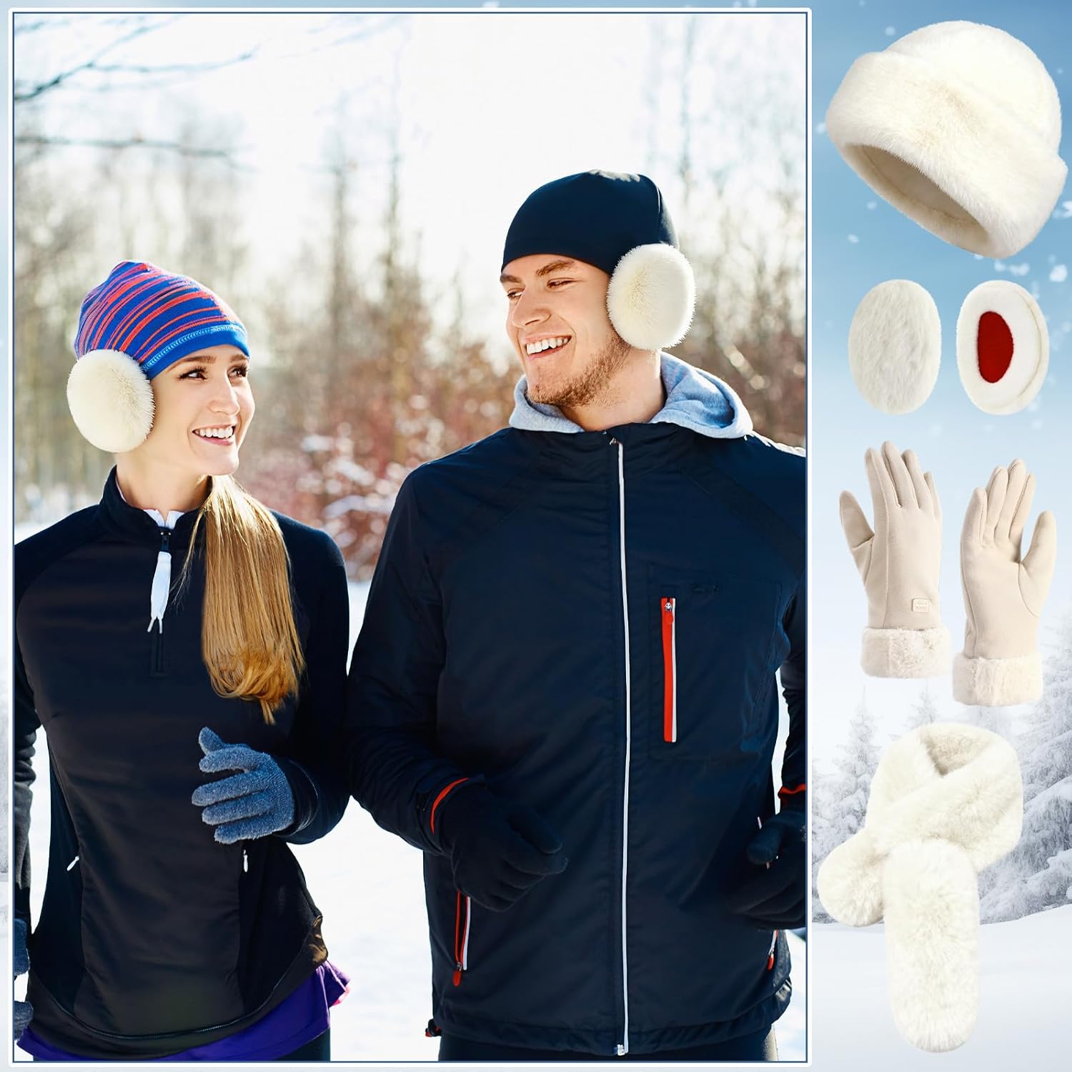 Mepase 4 Pcs Women Winter Faux Mink Fur Mongolian Hat with Faux Fur Collar Scarf Earmuffs and Touch Screen Gloves Set - Image 4