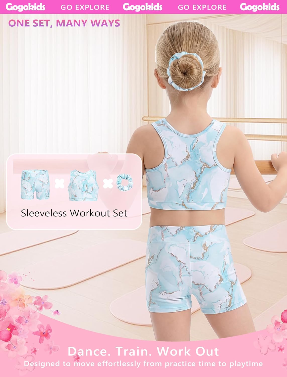 Gogokids Girls Gymnastics Leotards 4 Piece Set, Sleeveless Leotard with Shorts & Crop Top, Stretchy Dance Outfit for 5-12Y