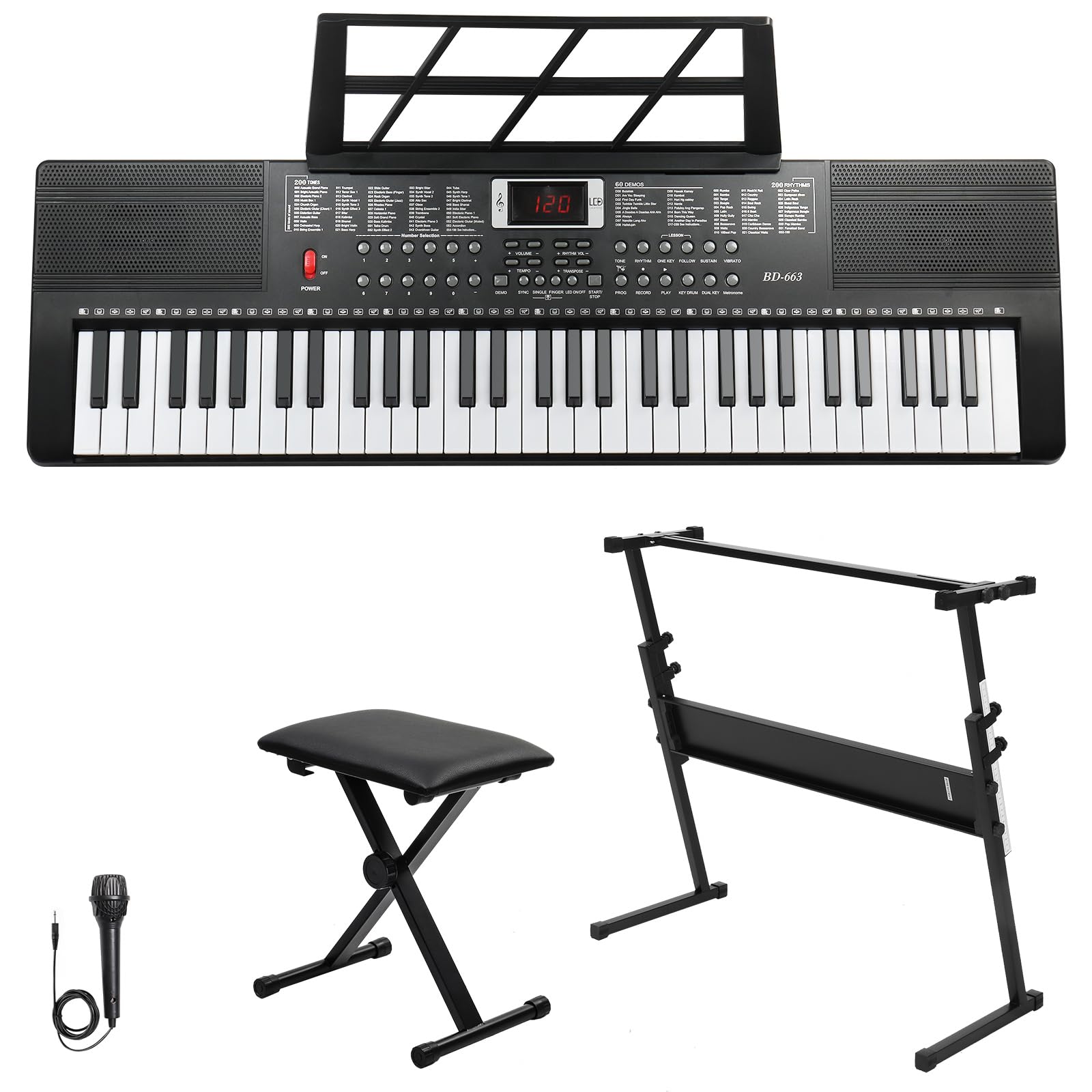Bonnlo 61-Tasten Keyboard mit Z-Ständer, Hocker, Kopfhörer, LED-Display und 3 Lernmodi, 200 Klänge, 200 Rhythmen, mit eingebauten Lautsprechern für Anfänger & Fortgeschrittene, Schwarz