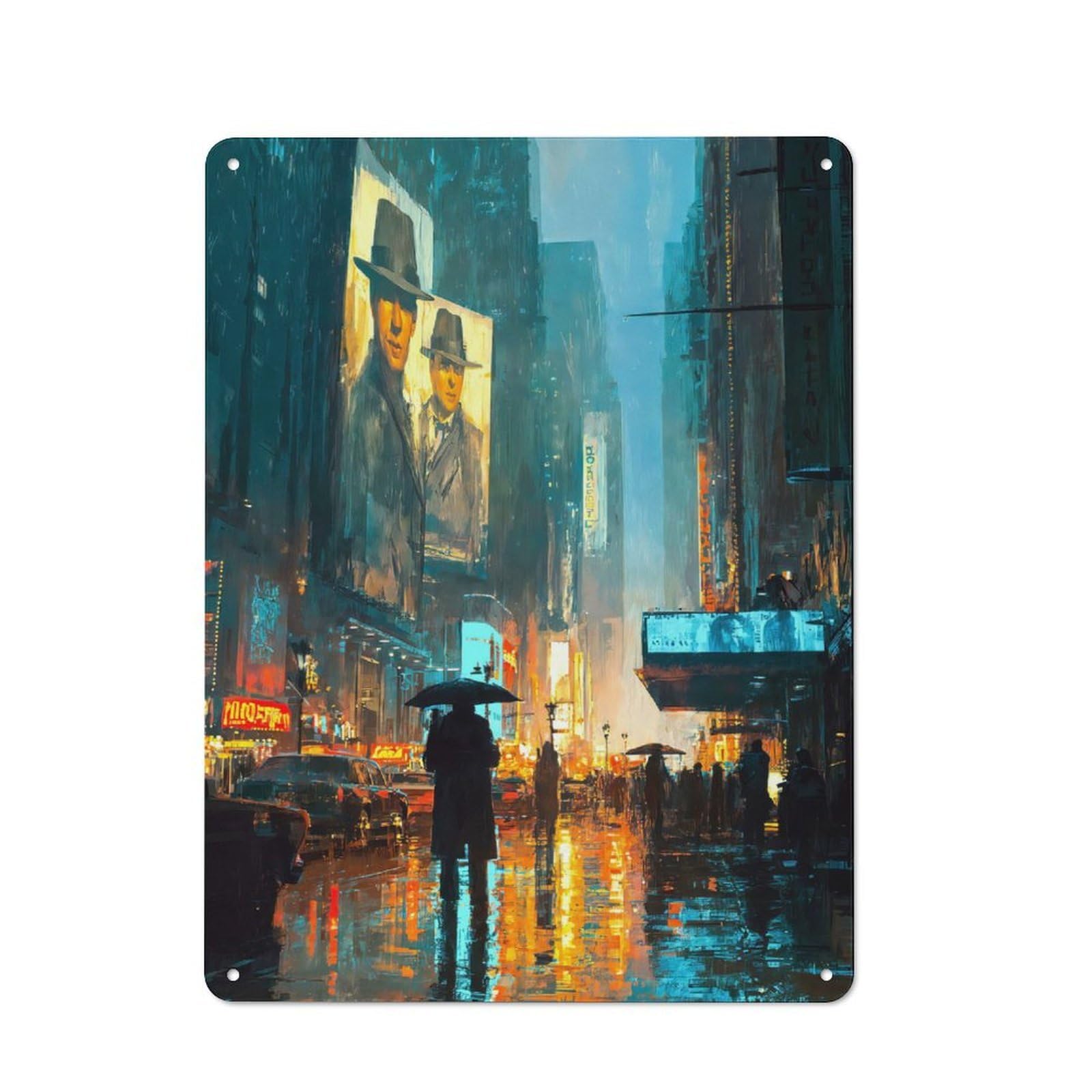 Junmoney Style-10 Vintage Tin Wall Sign 40X30cm Featuring Rainy City Night Neon Reflections, Room Wall Plaque For Flat, Dorm Room, Lounge Or Cafe