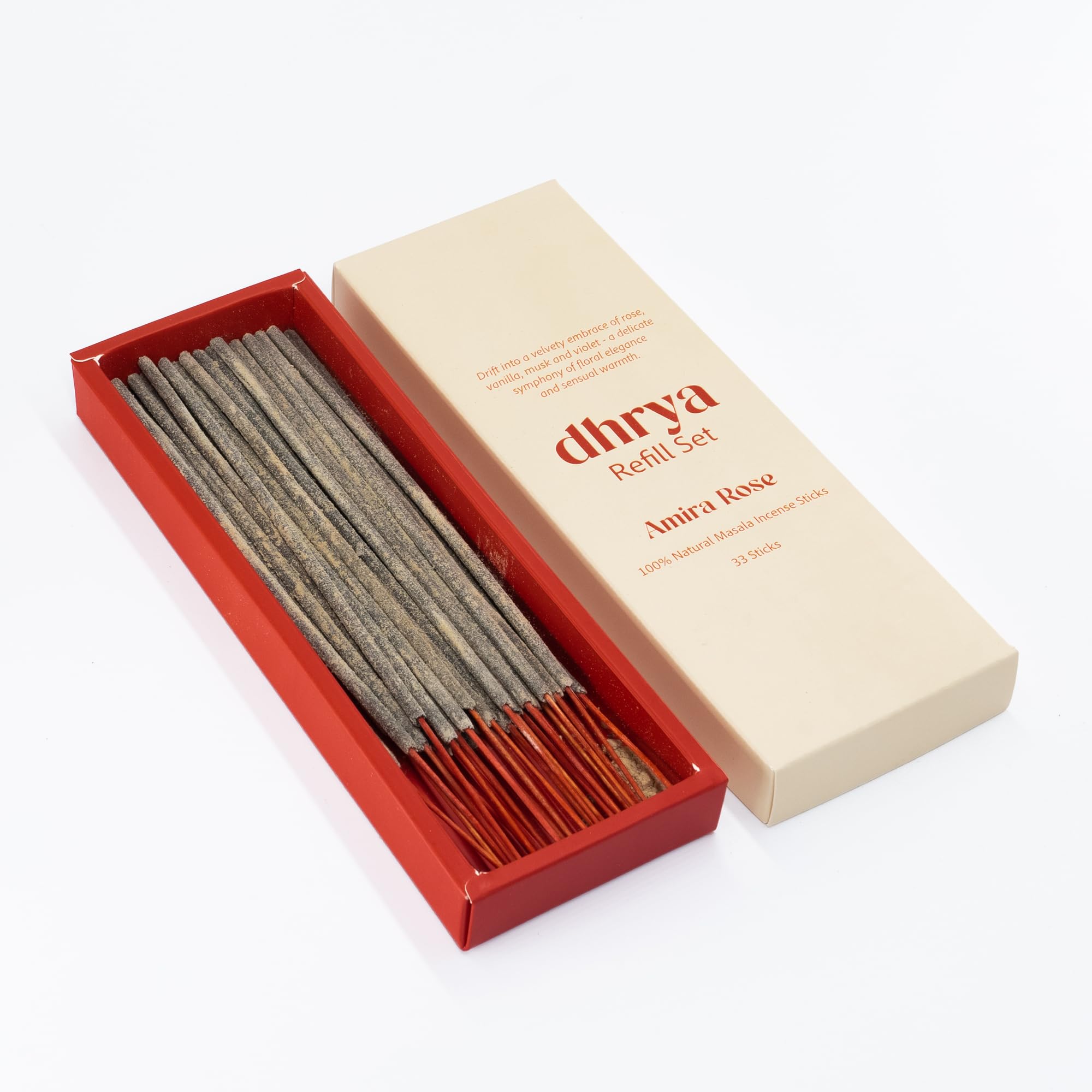 Dhrya Red Amira Rose Luxury Incense Stick Refills – Hand-Made Natural Masala Incense, Organic, Charcoal-Free, Rose, Vanilla, Musk, Voilet Aroma (33 Refill Sticks Only)
