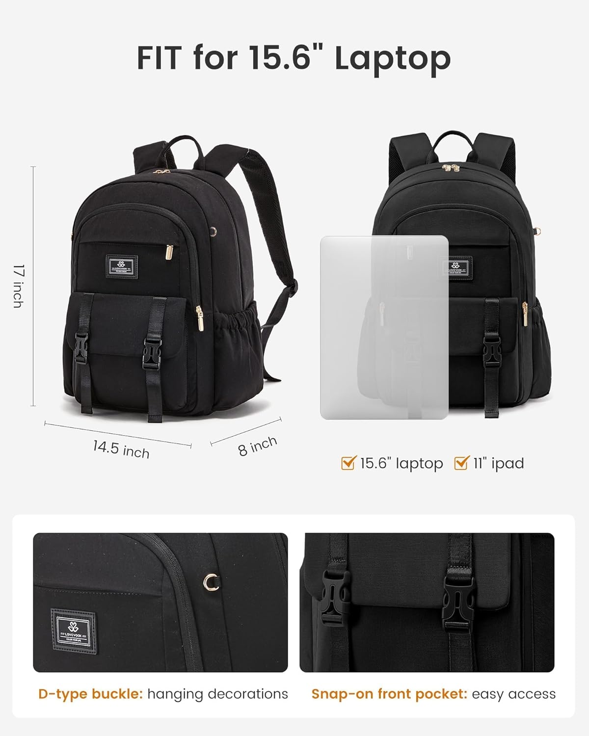 LOVEVOOK School Backpack for Girls Boys,Bookbag for Teen with Pouch Pocket for Large Capacity Cup, Waterproof School Bookbag, Preppy Backpack Travel Daypack with 15.6 inch Laptop Compartment - Image 4