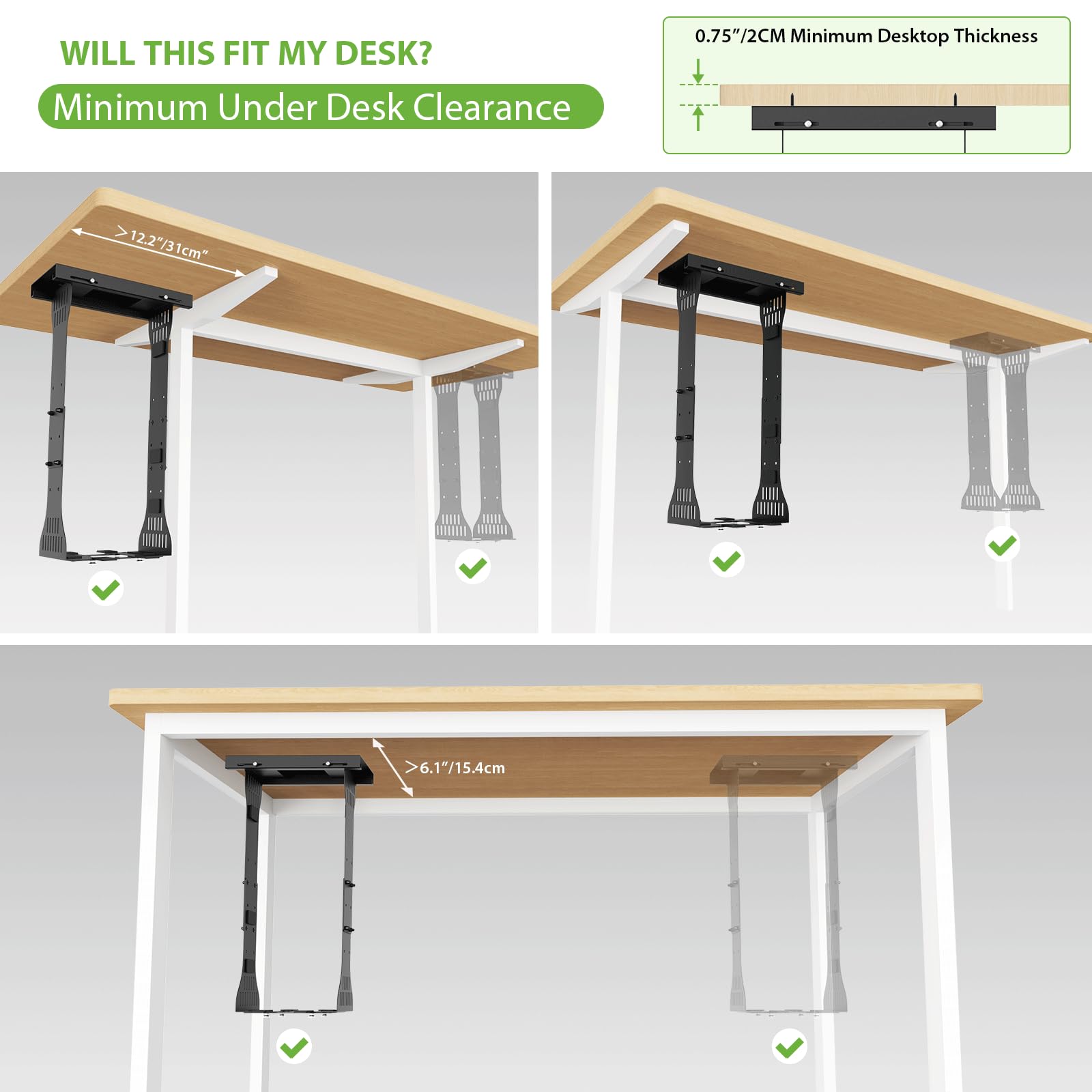 KEEGH Verstellbare PC Halterung unter Schreibtisch, 38-58cm Höhe, Heavy Duty Computer Halterung mit Schutzpolstern bis zu 40kgs, Untertisch PC-Halterung für Computergehäuse, Schwarz
