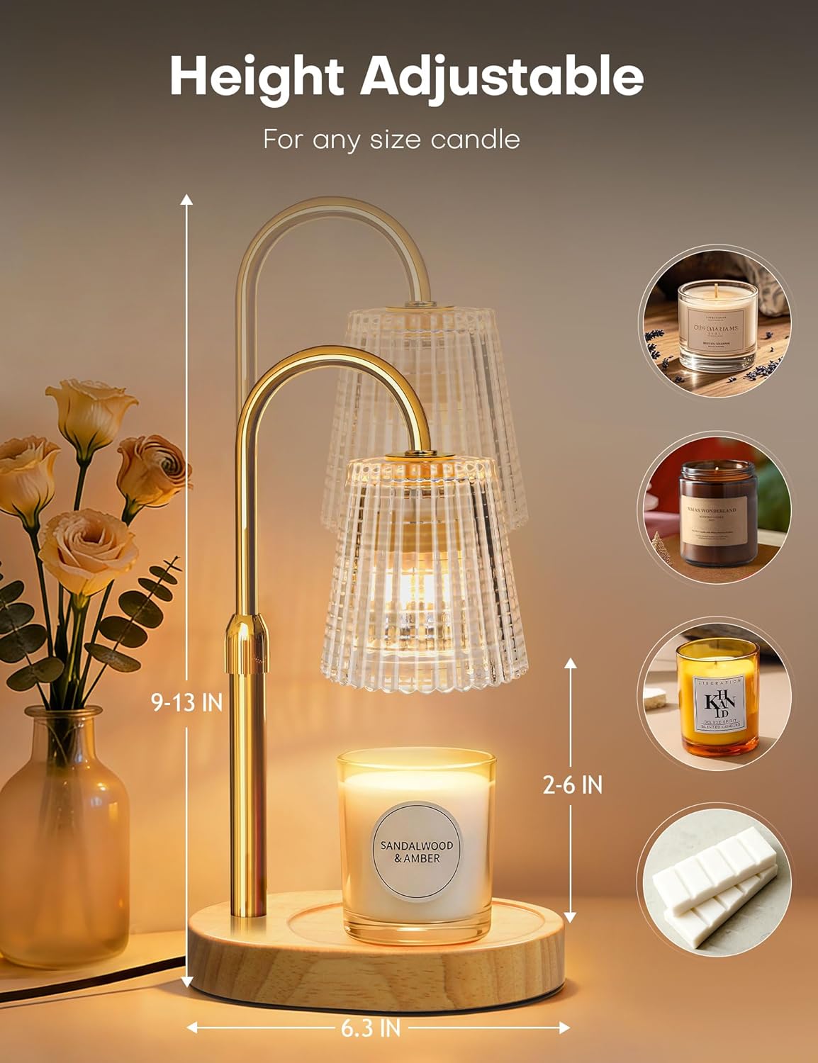 Candle Warmer Lamp with Timer Dimmer Adjustable Height, Electric Wax Melts Warmer for Jar Candles, Birthday Christmas House Warming Gifts for Women Mom, New Home Bedroom Decor with 2 Bulbs