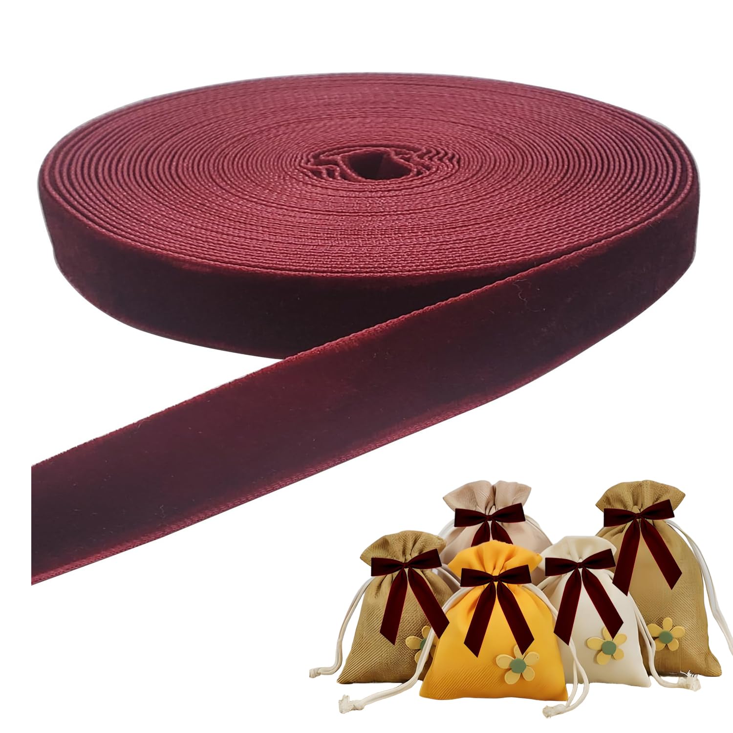 Red Velvet Ribbon - 5/8 Inch (15mm) 10 Yards Single-Sided Burgundy Soft Ribbons Trim for Christmas Decoration, Gifts Bouquet Wrapping, Wedding Party, Hair & Tree Bows, DIY Crafting