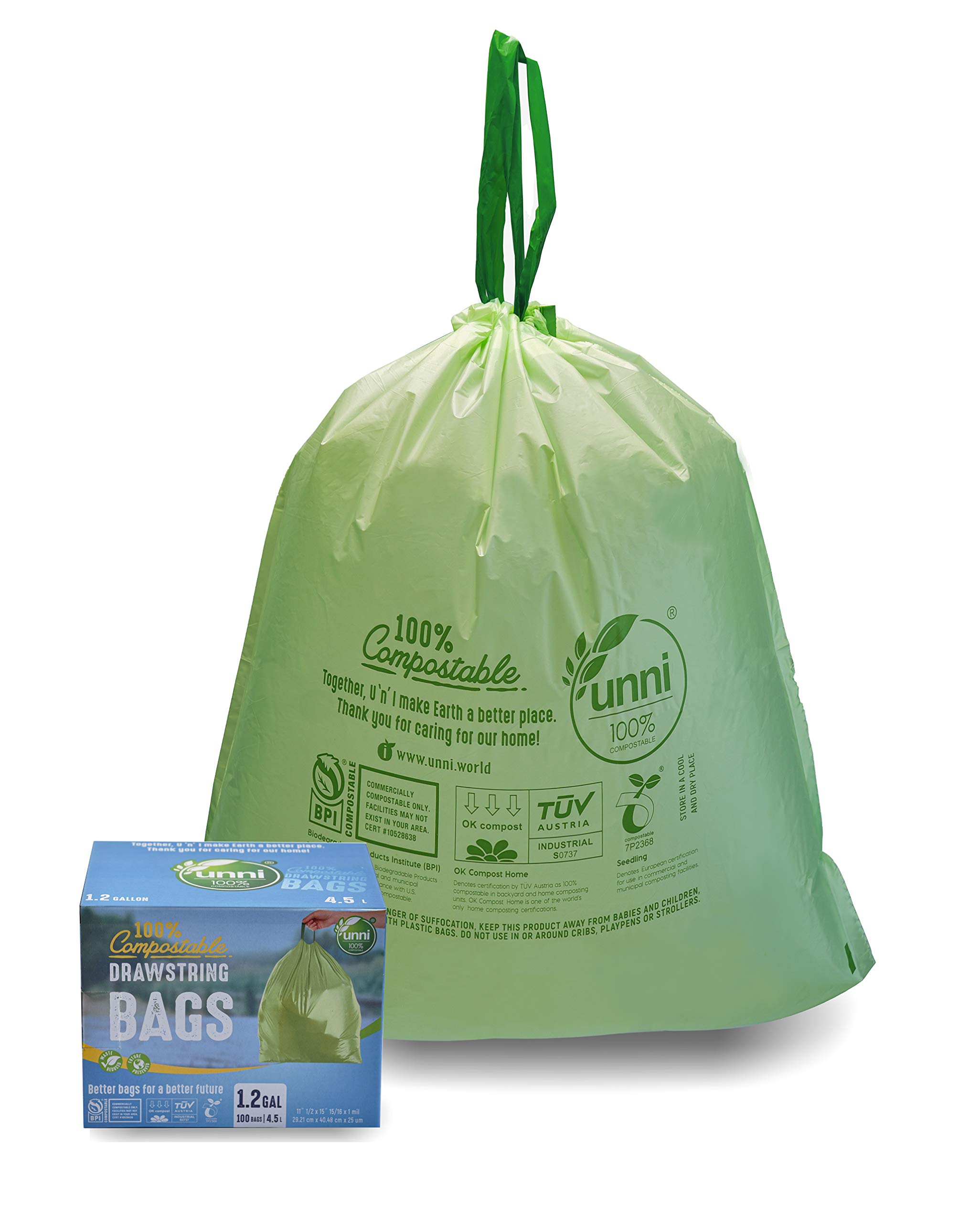 UNNI100% Compostable Drawstring Trash Bags, 1.2 Gallon, 4.5 Liter, 100 Count, Food Scrap Small Kitchen Waste Bags, US BPI and Europe OK Compost Certified, Earth Friendly Highest ASTM D6400