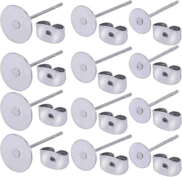 BronaGrand 150pcs 3 Sizes Glue On Earrings Posts Flat Post Pad Earring Pin Stud Blank with 150pcs Butterfly Earring Backs for Earrings Making Findings