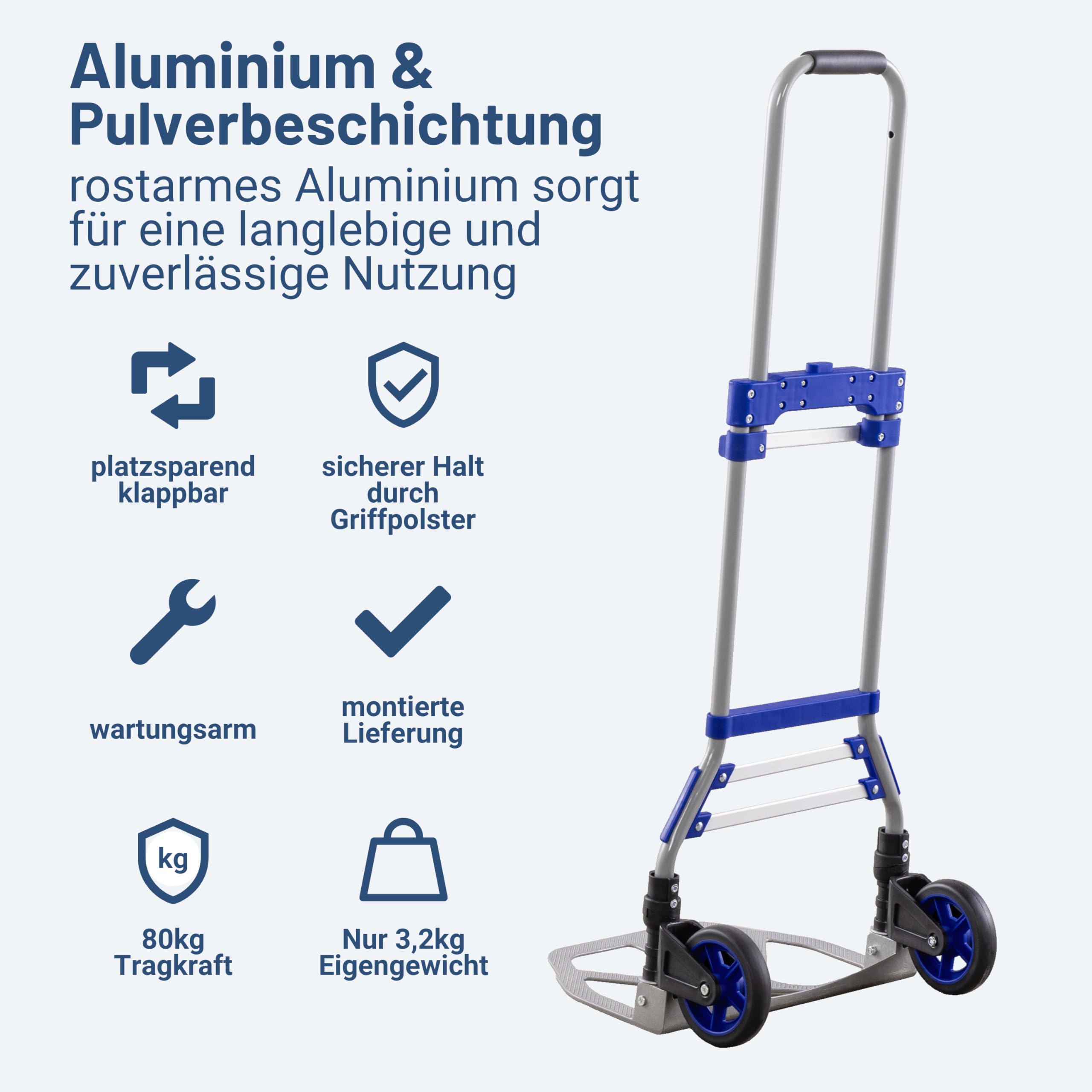 Pallit Sackkarre Klappbar Aluminium - 80 kg Transportkarre Handwagen | Teleskopgriff 110 cm, Transportroller mit Soft-Laufrädern & Anti-Rutsch-Pads, Leichter Lastenwagen & Klappbarer Handwagen