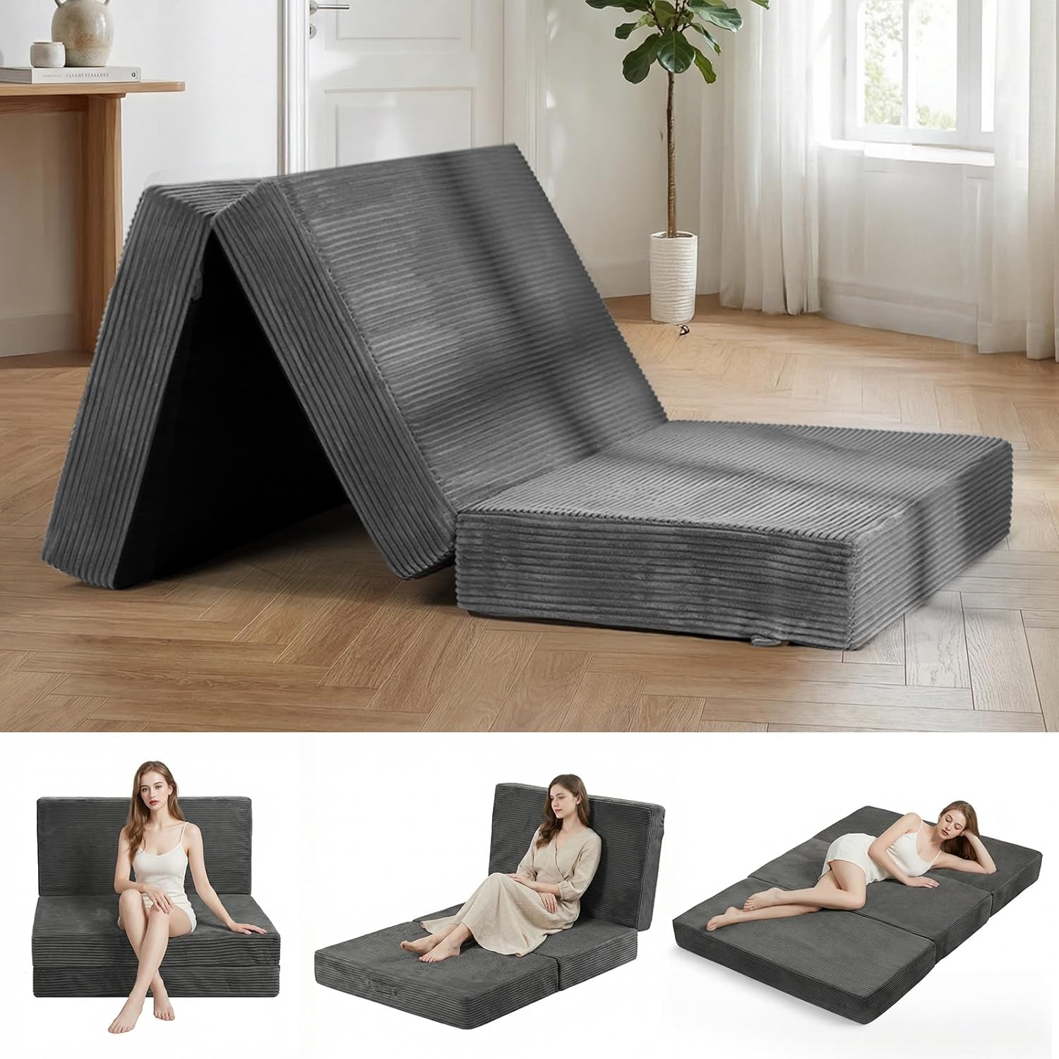 Folding Mattress 6 inch, Tri Fold Full Size Mattress Foldable Futon Sofa Bed with Corduroy Cover, Memory Foam Mattress Topper with Carry Handle (Gray, Twin)