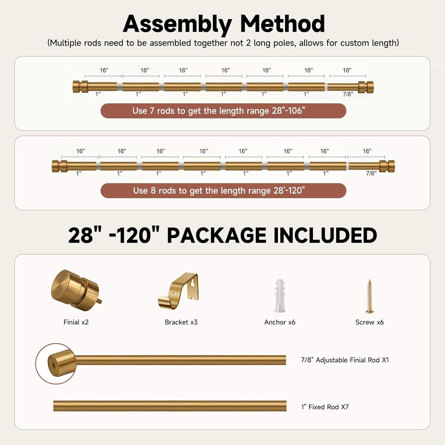 Warm Gold Curtain Rods with Solid Metal Finials 66 to 120 Inches Adjustable Heavy Duty 1 Inch Brass Curtain Rod for Windows, Modern Decorative Drapery Rods for Bedroom Kitchen Living Room