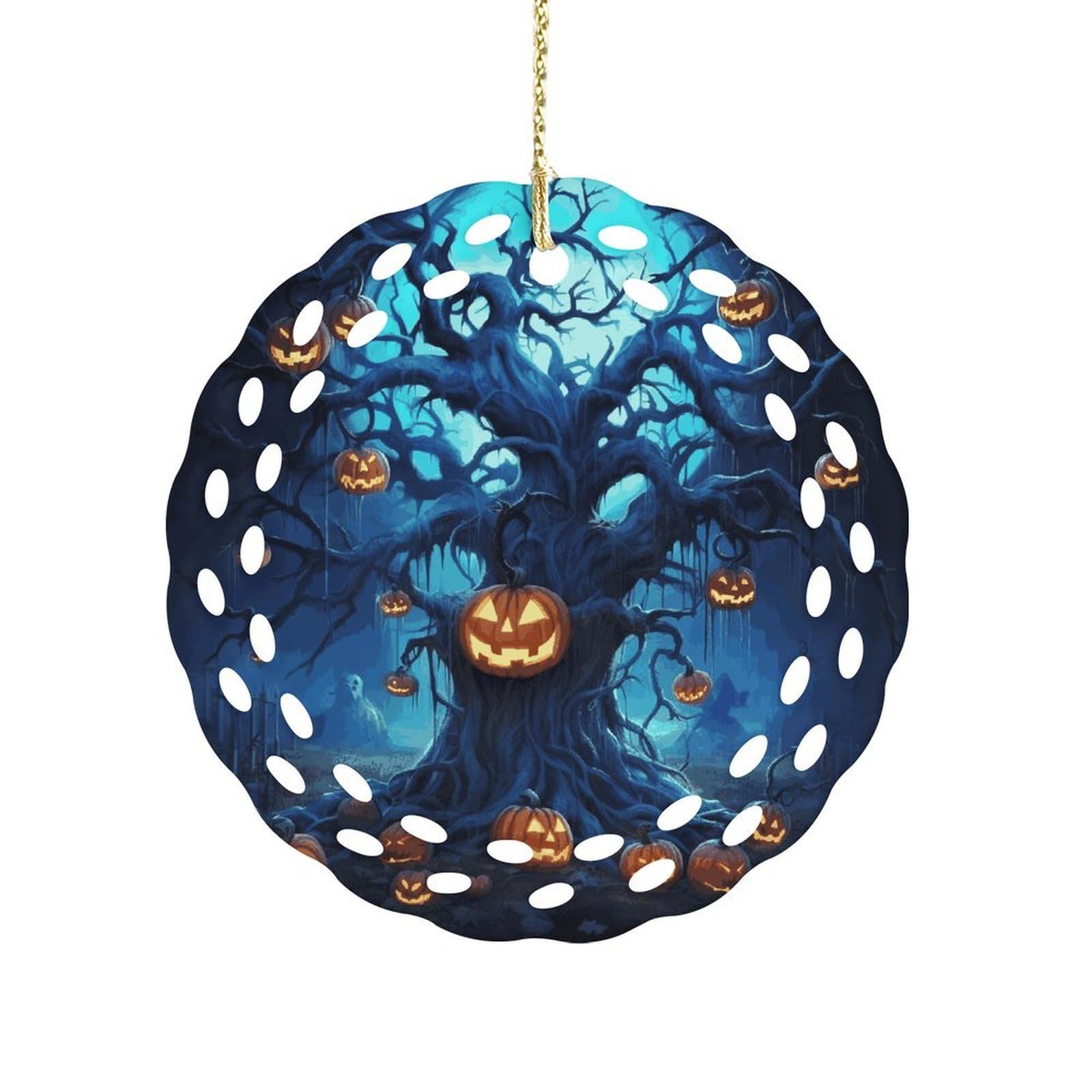 Btcowzrv Style Halloween Pumpkin Tree Blue Ceramic Ornament,Round Ornaments With Hole Easy To Hang,Hanging Ornament For Wedding Party Home Window Garden Christmas Day Decor