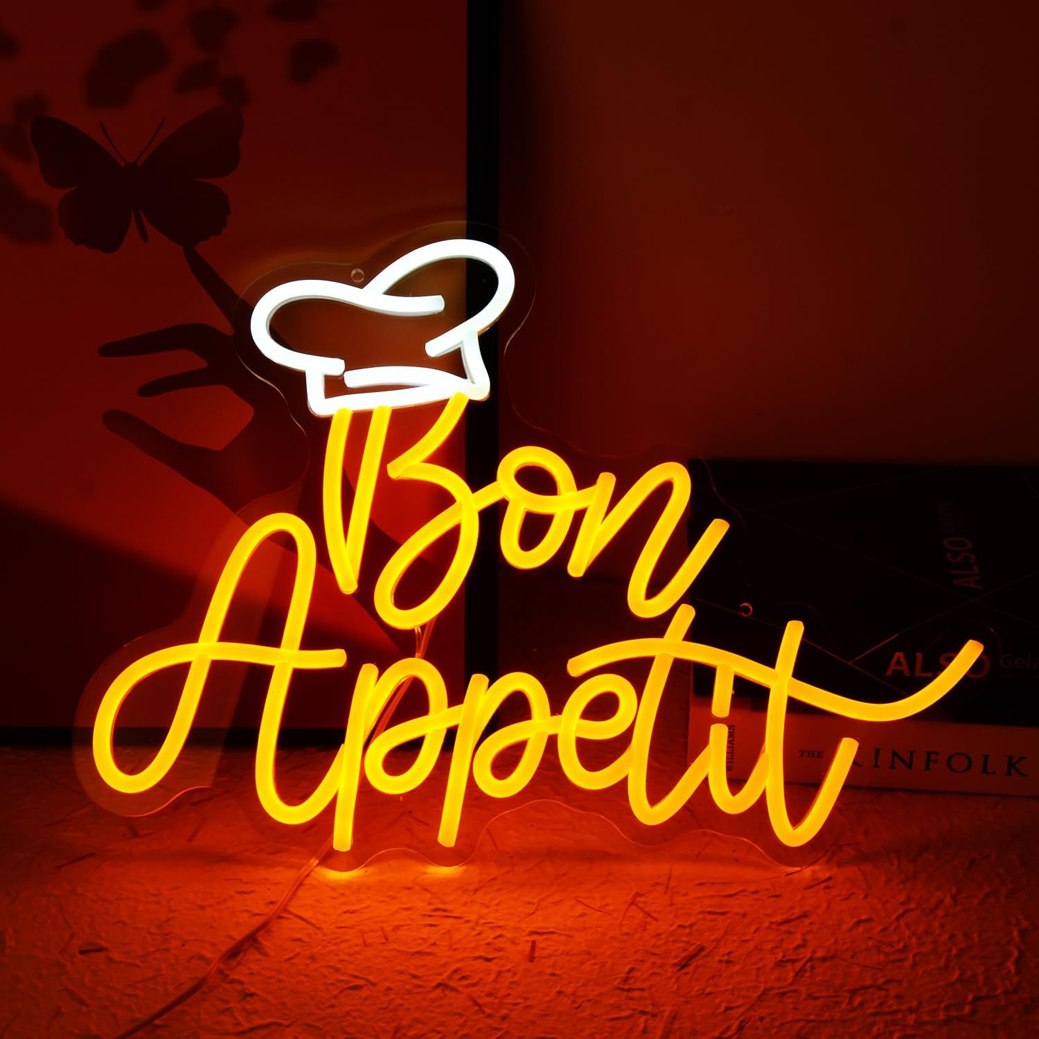 Bon Appetit with Chef's hat LED Sign Gold Letters Neon Light Signs for Restaurant French Style Neon Dimmable LED “16.5x12.6” Hanging Dinning Room Cooking Kitchen Wall Art Decor