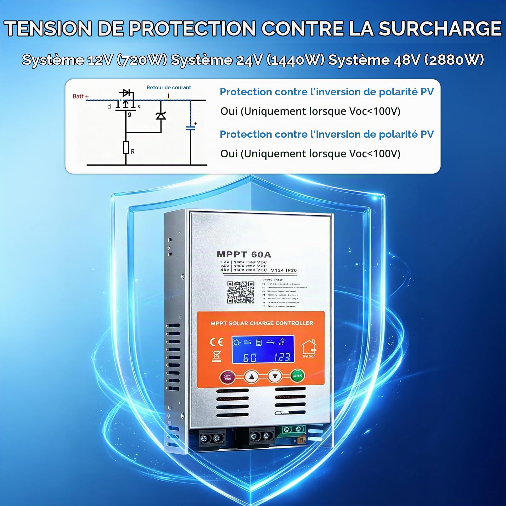 MPPT Régulateur de charge solaire 60 A 12 V/24 V/48 V avec écran LCD