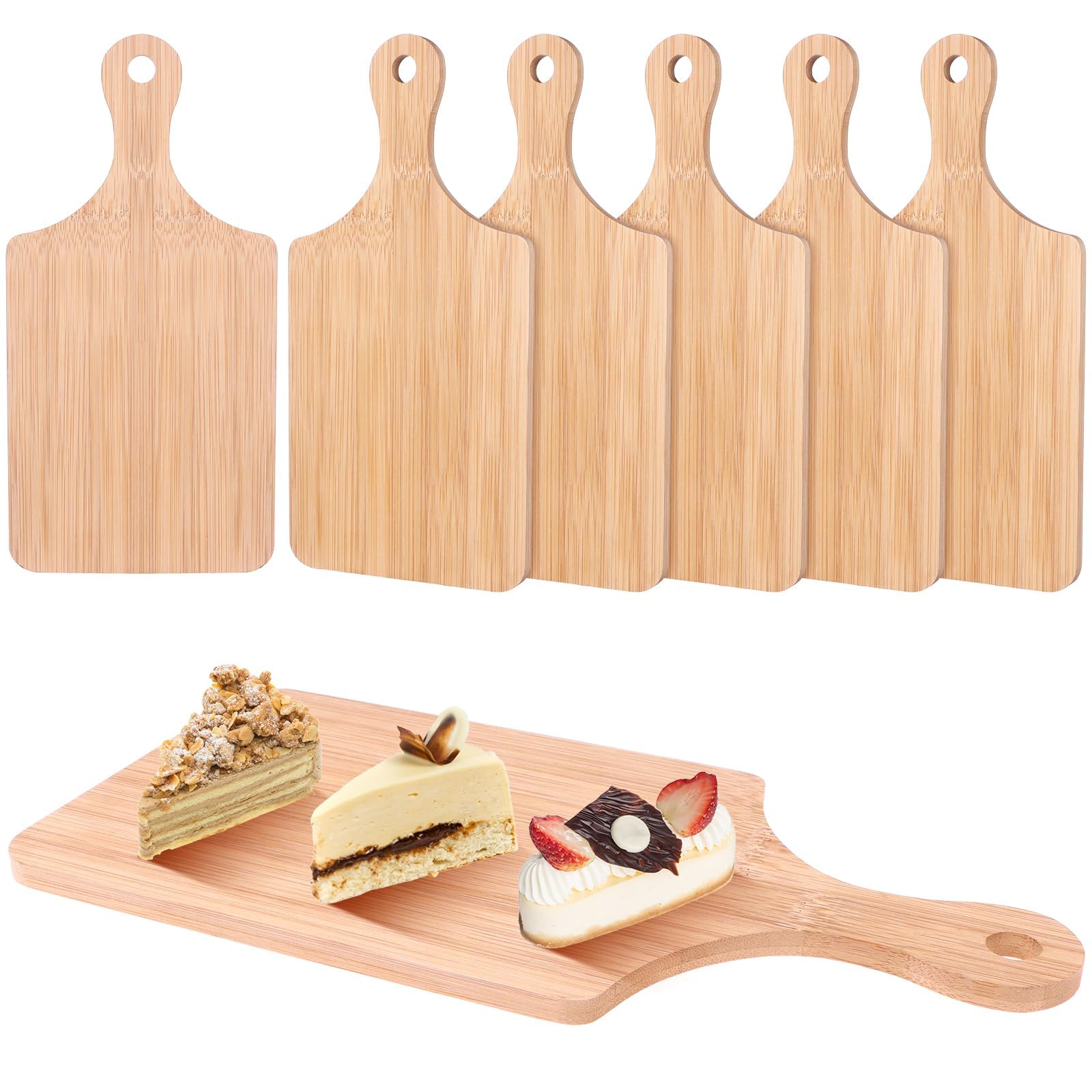 6 Pcs Bamboo Chopping Board 11x5 Inch Thicken Bamboo Cutting Board Bulk Wood Serving Charcuterie Board with Handle Dinner Plate Tray Kitchen Chopping Board for Meat Bread Vegetables Fruits Food (6)