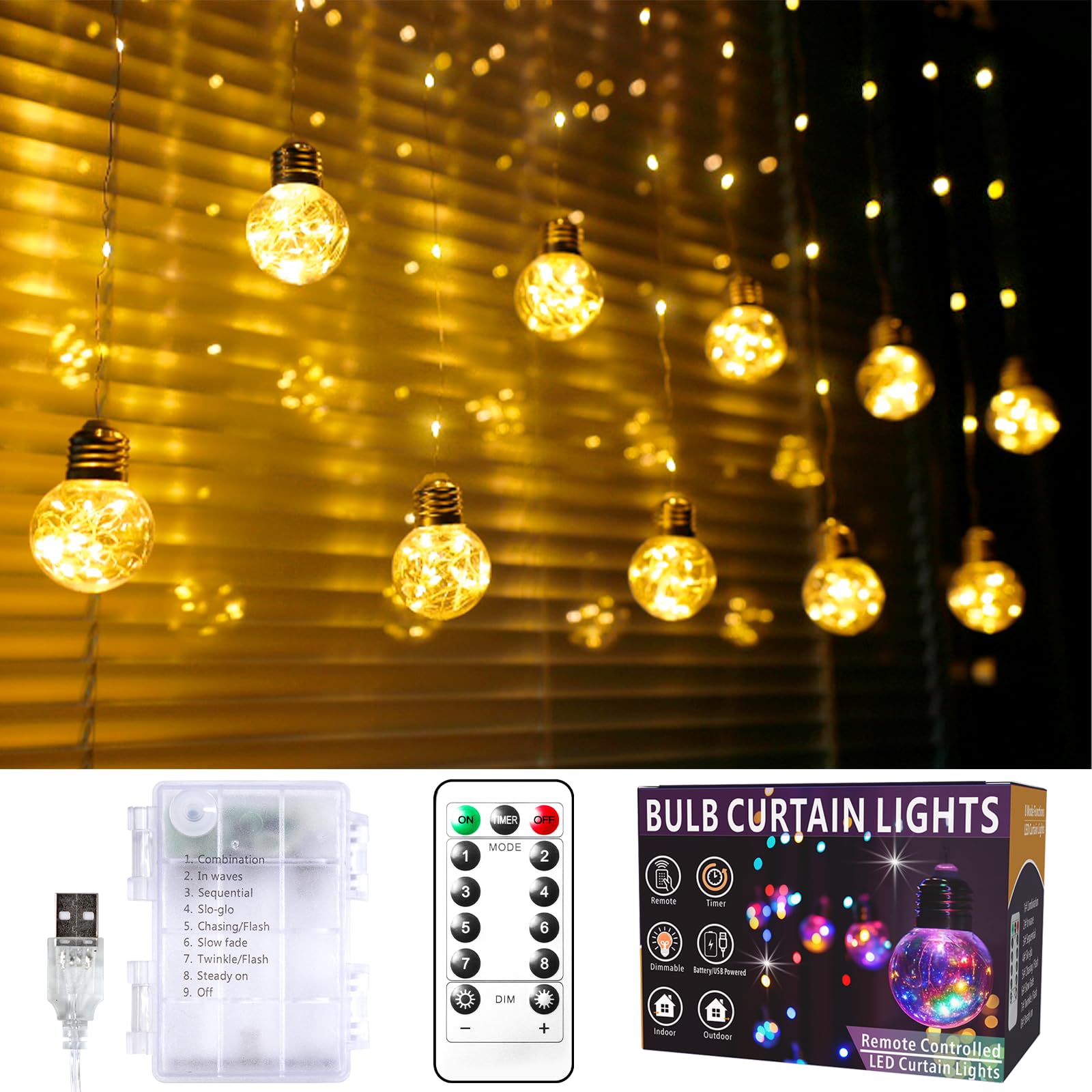 LitHome Wishing Rideau lumineux en forme de boule, 240 LED avec télécommande, alimenté par USB, guirlande lumineuse pour chambre à coucher, mariage, fenêtres, décoration intérieure (blanc chaud)