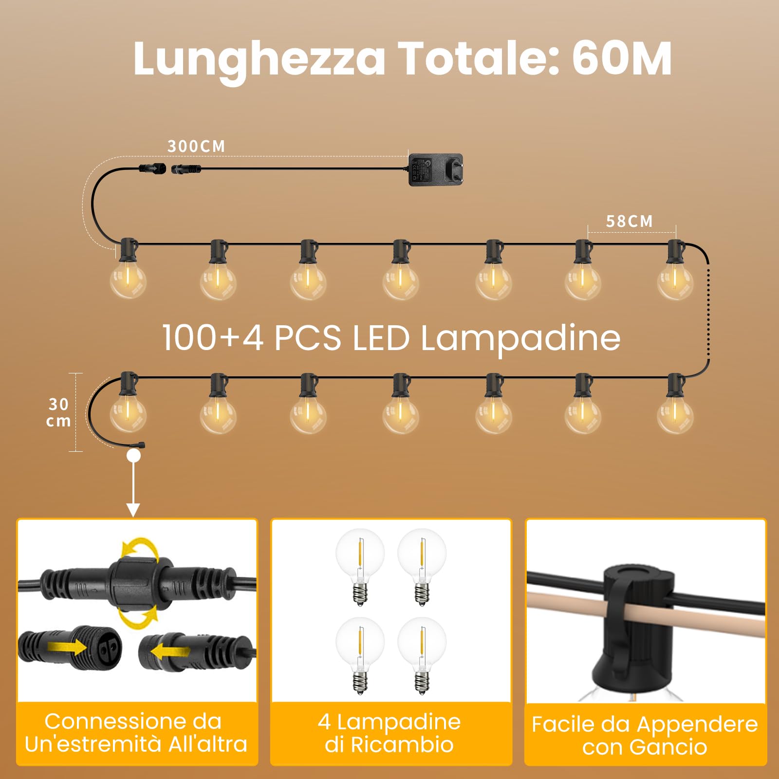 Yuusei 60M Catene Luminose Esterno con Telecomando, 100+4 G40 Plastica Impermeabile Lampadine with IP45, Warmweiß 2500K Esterni Catene Luminose per Terrazzo Festa Natale Matrimonio
