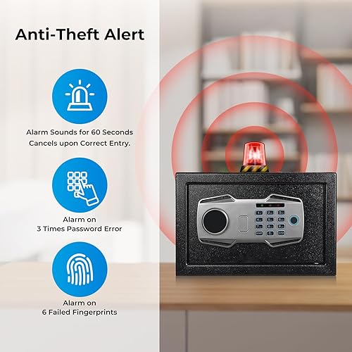 Miniatura 7 de MUNBYN Caja fuerte biométrica de huellas dactilares con sistema de alarma, caja de bloqueo de acceso de 3 vías con teclado electrónico, pantalla de