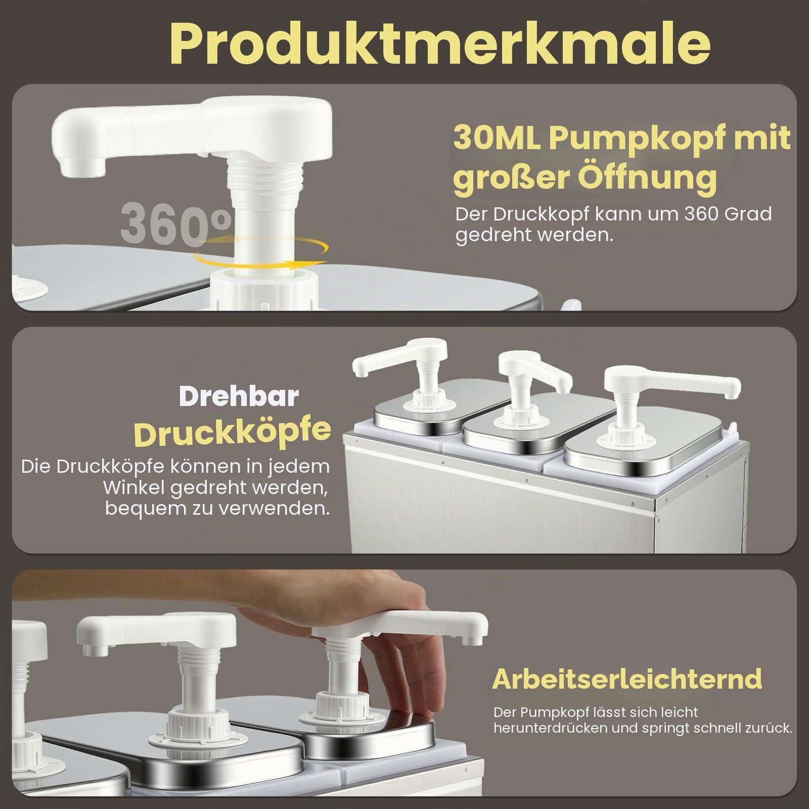 6L Saucenspender Pumpstation mit 3 Pumpköpfen Edelstahl Ketchupspender Tropffrei Lebensmittelecht Für Ketchup Mayonnaise Senf Honig Saucen 3x2L Gastro Soßenspender