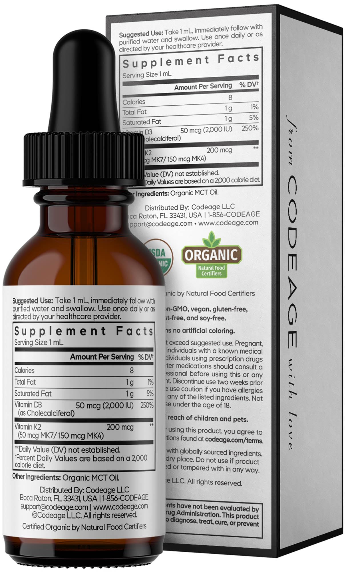 Codeage Liquid D3+K2 Vitamins USDA Organic - Vitamin D3 2000 IU, Vitamin K2 (MK4 & MK7) Liquid Drops - Immune Support - Unflavored - Organic MCT Oil - Non-GMO - 1 fl oz — Amazon image 9
