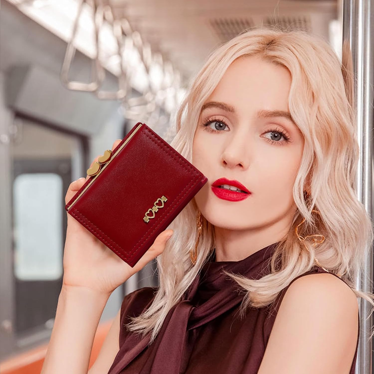 YINHEXI Wallet for Women, Cute Wallet Card Holder, Small Trifold RFID Blocking Purse, Cute Small Leather Mini Short Purse with Coin Pocket for Girls, Ladies (Red Heart) - Image 6