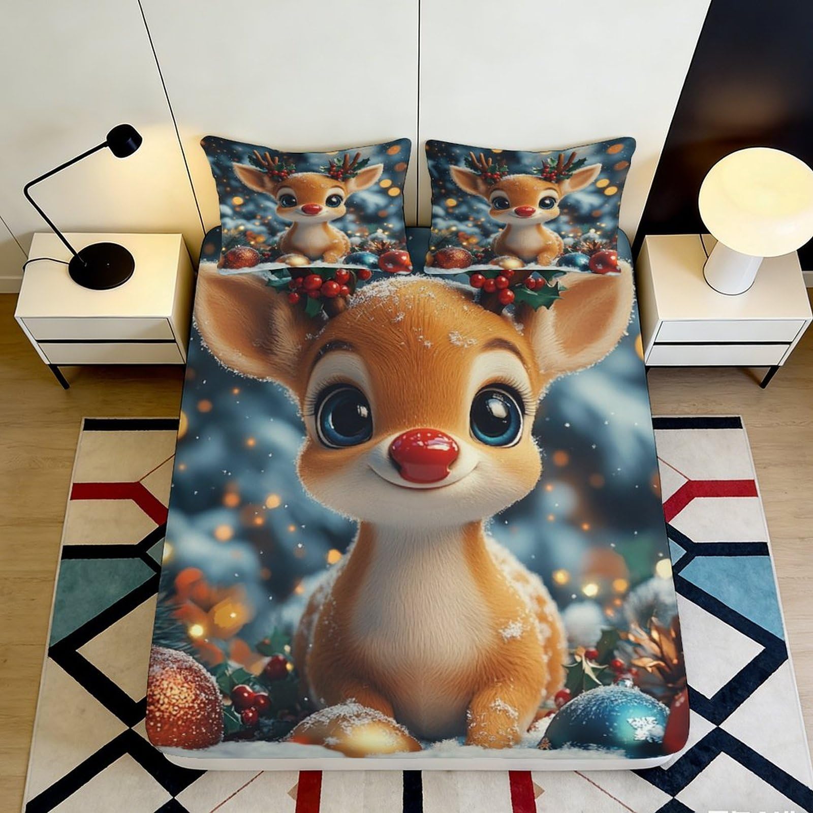 3D Printed Cute Reindeer Fitted Sheet Microfiber Soft Bed Cover Festive Decor for Bedroom Guest Room Dorm 90x200x25cm