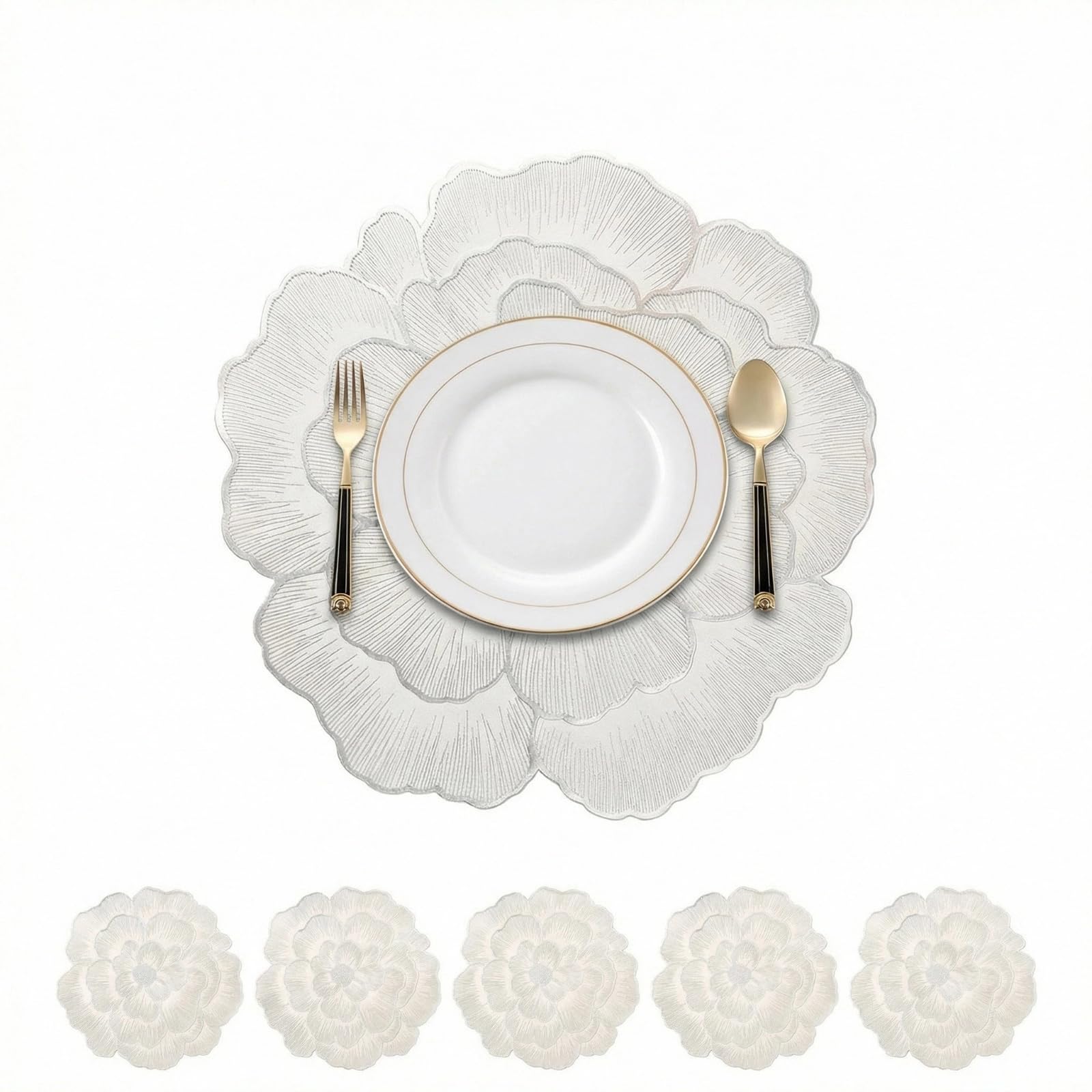 Placemats Set of 6 - Heat Resistant PVC Table Mats with Floral Design, Non-Slip Washable Placemats for Dining Table Protection, 38cm Round Placemats for Kitchen & Party Use