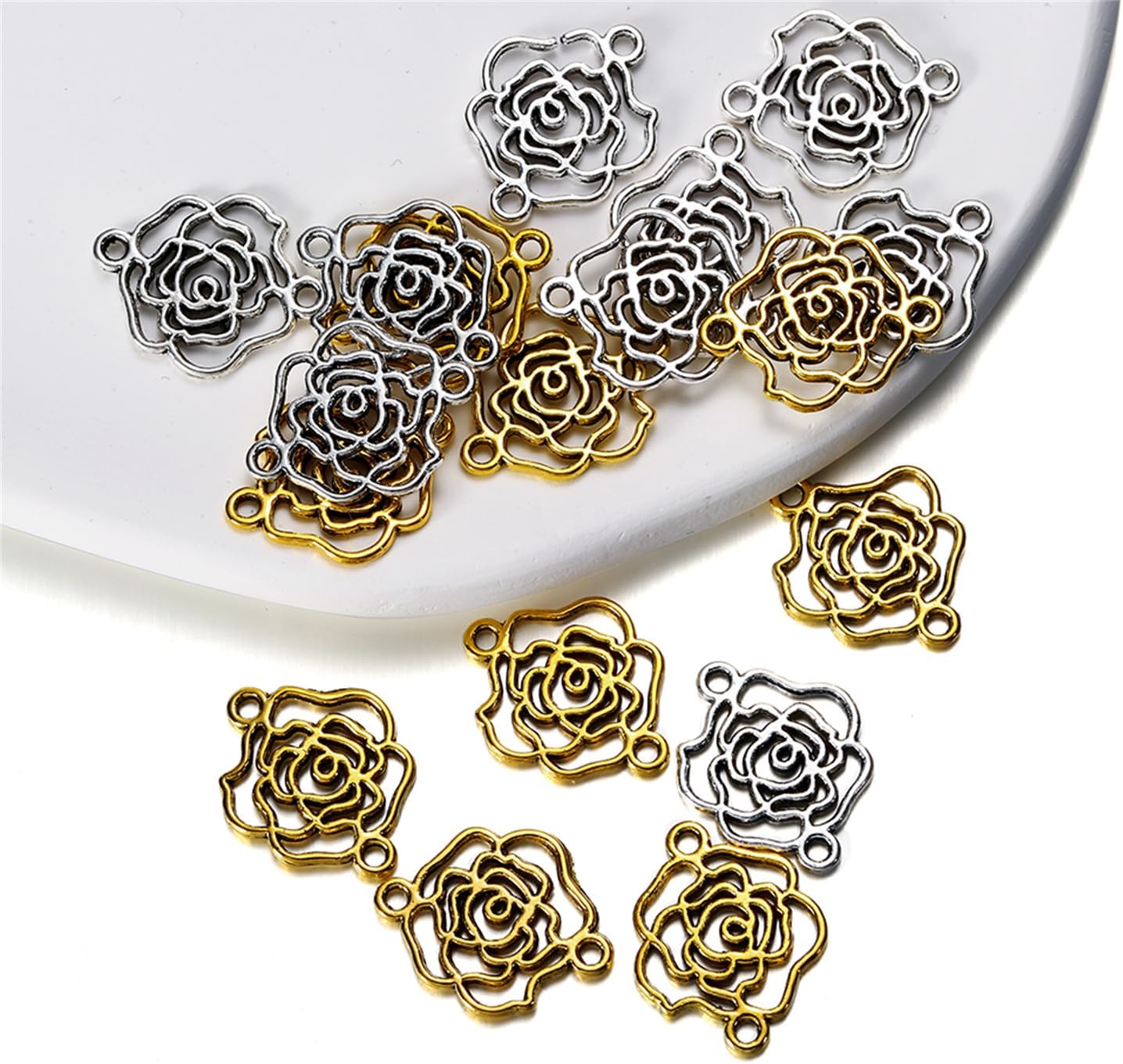 50pcs Flower Connector Charm for Jewelry Making, Alloy Hollow Flower Pendants Links with Double Loop Craft Supplies for Necklace Bracelet (Antique Gold) image 5