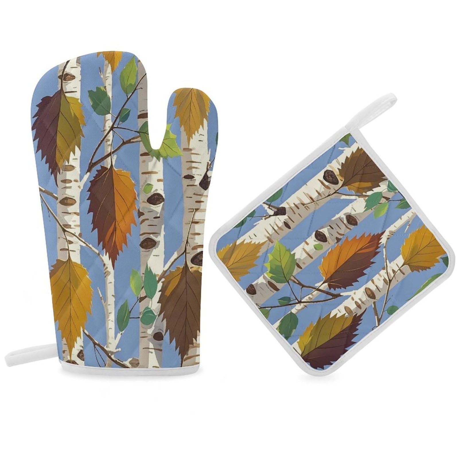 Birch Leaves Oven Mitt Gloves and Heat Insulation Pads Double-Layer Thickened Heat Insulation Mitt Temperature Oven Gloves for Cooking Baking Grilling