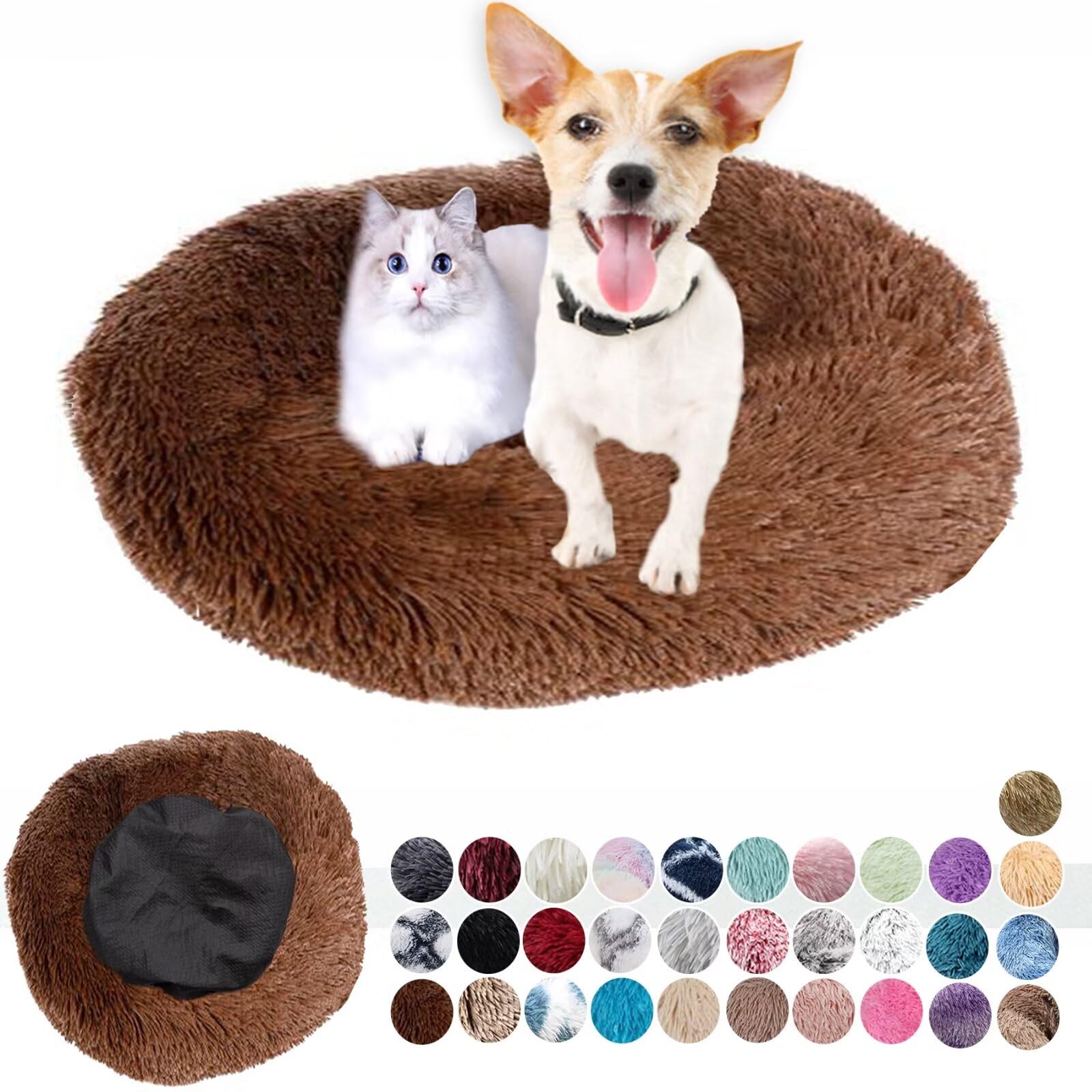 Soft Fluffy Round Dog House - Calming Pet Bed, Plush Anti-Anxiety, Anti-Slip, Easily Washable, Improving Sleep, Small to Large, Coffee 80cm